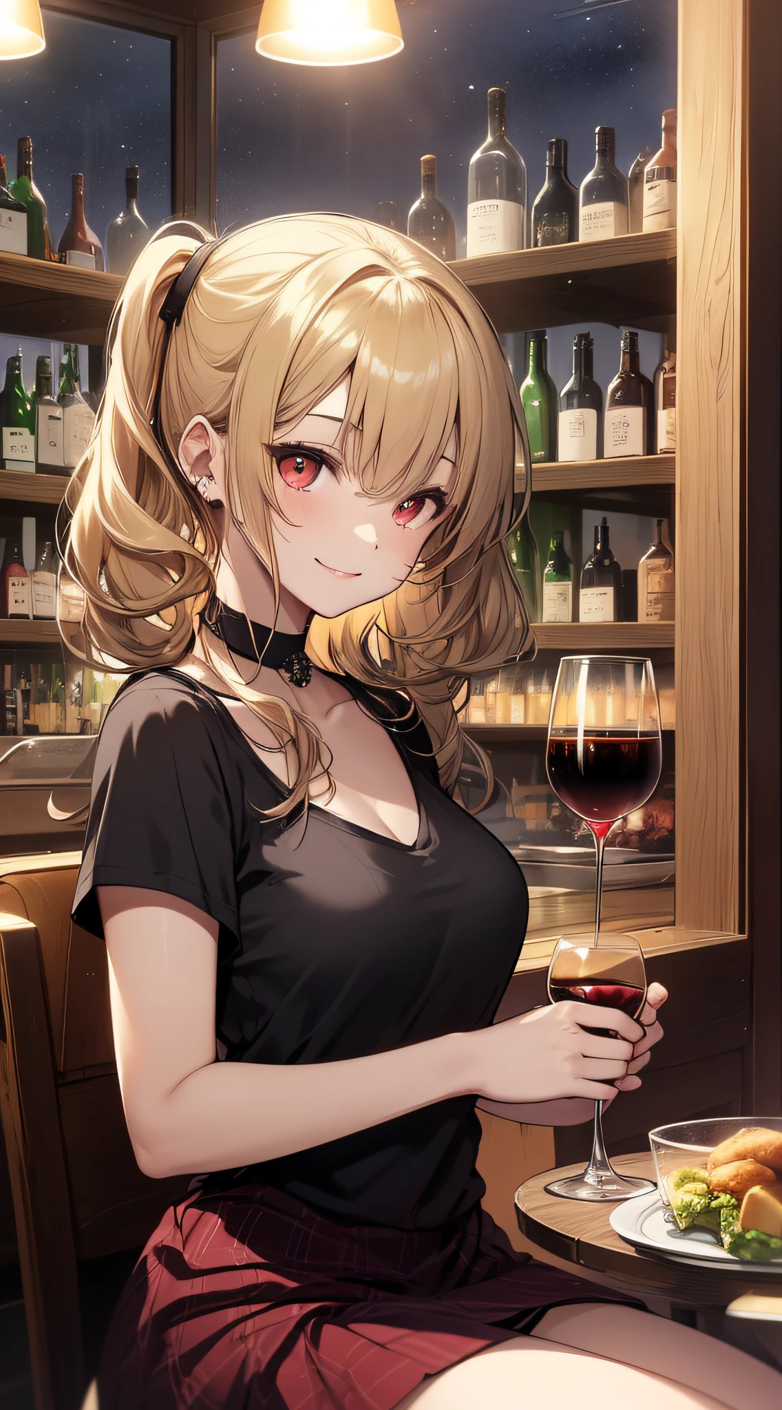 top-quality、Top image quality、masterpiece、girl with((18year old、Black short-sleeved T-shirt、Red dress、Best Bust、Bust 85、a blond、poneyTail、Red Eyes、open chest wide、close to viewer、Happiness、A slight smil、Gold Accessories、a little drunk、holding a glass of wine、sit a chair))hiquality、visualart、Background with((Night Bar Counter))、