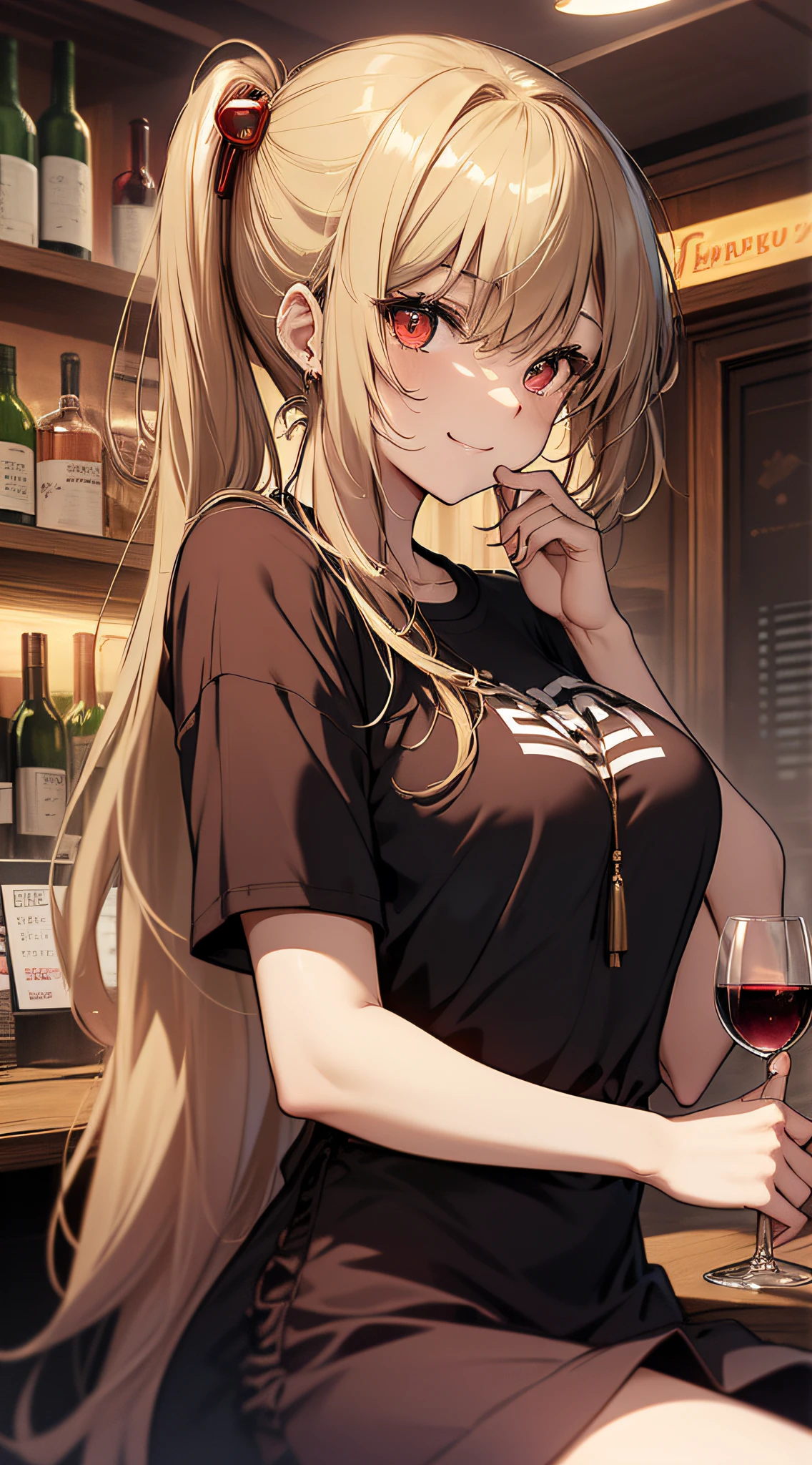 score_9, score_6_up, source_anime, 1girl, solo, bar, crowd, mumei_emo, one side up, hair over one eye, ahoge, black t-shirt, striped sleeves, black skirt, belt, thigh strap, hair ribbon, heart choker, black nails <lora:mumeiXL:1>