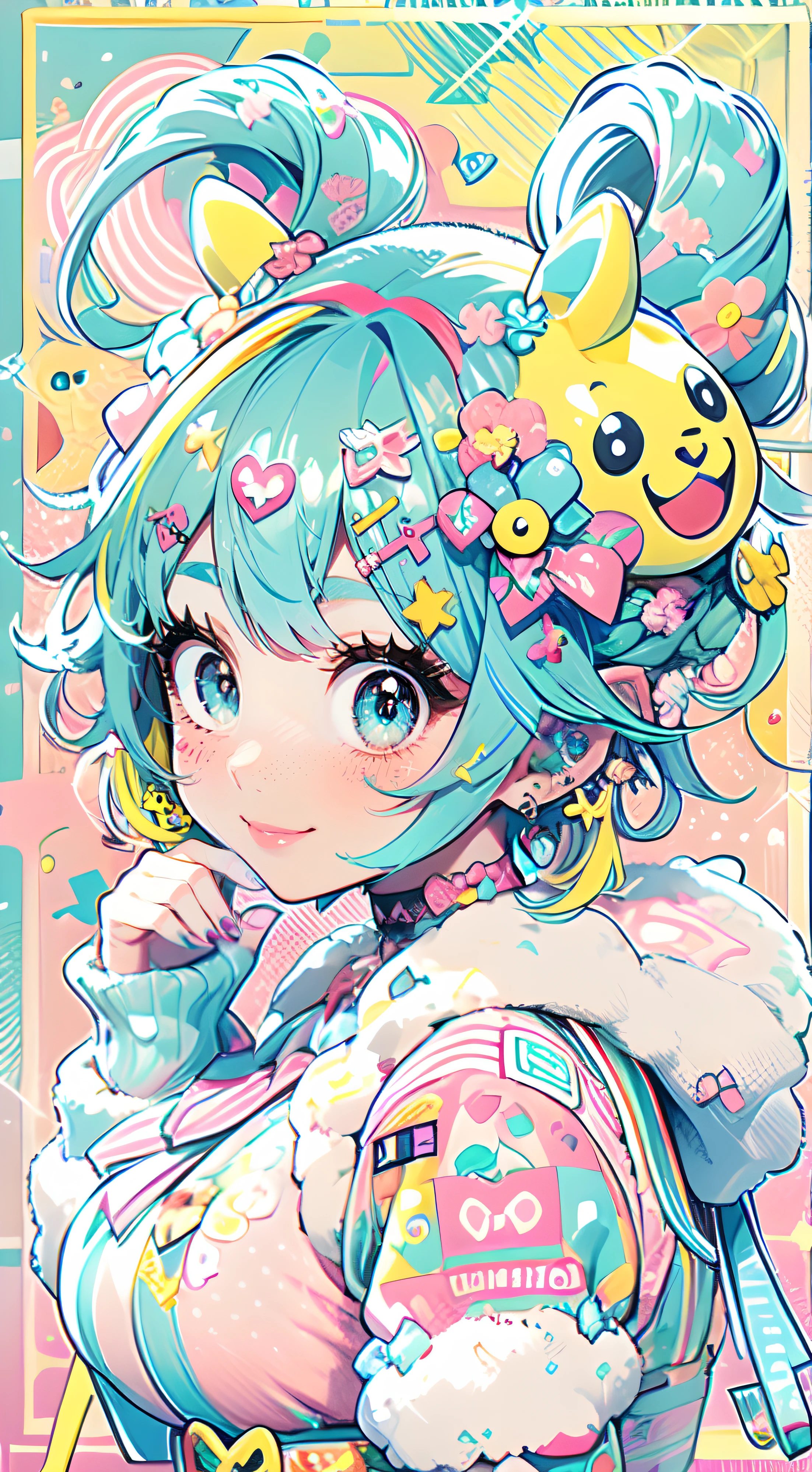 "kawaii, cute, adorable woman with pink, yellow, and baby blue color scheme. She is dressed in sky-themed clothes made out of clouds and sky motifs. Her outfit is fluffy and soft, with decora accessories like hairclips. She embodies the vibrant and trendy Harajuku fashion style." horns, demon wings, big boobs,big ass, big lips, juicy lips, huge hair, smile, short hair with buns