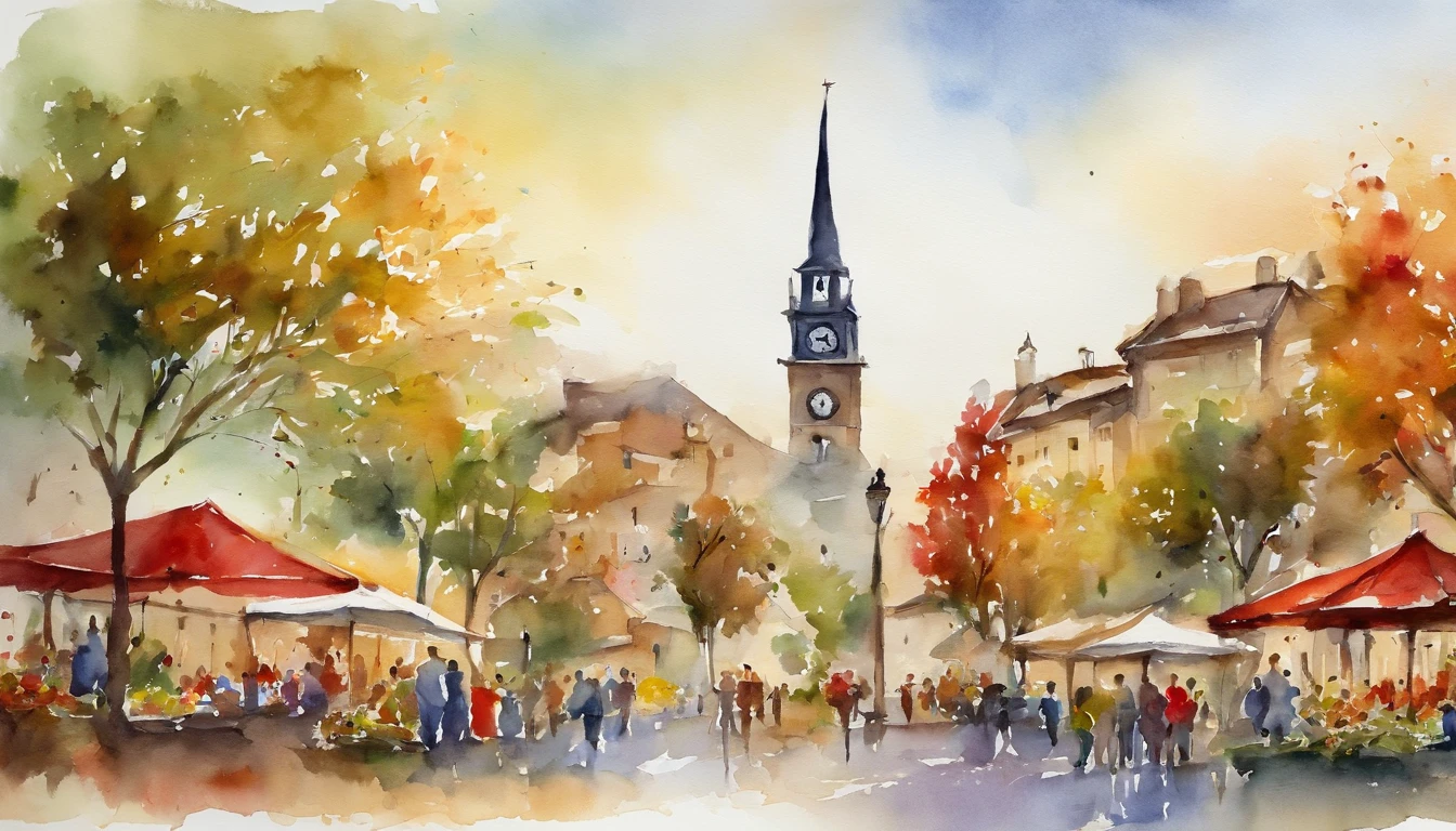 In the square with the clock tower in the center、Celebrating the Harvest Festival、A triangular continuous flag hangs、Watercolor Touch、