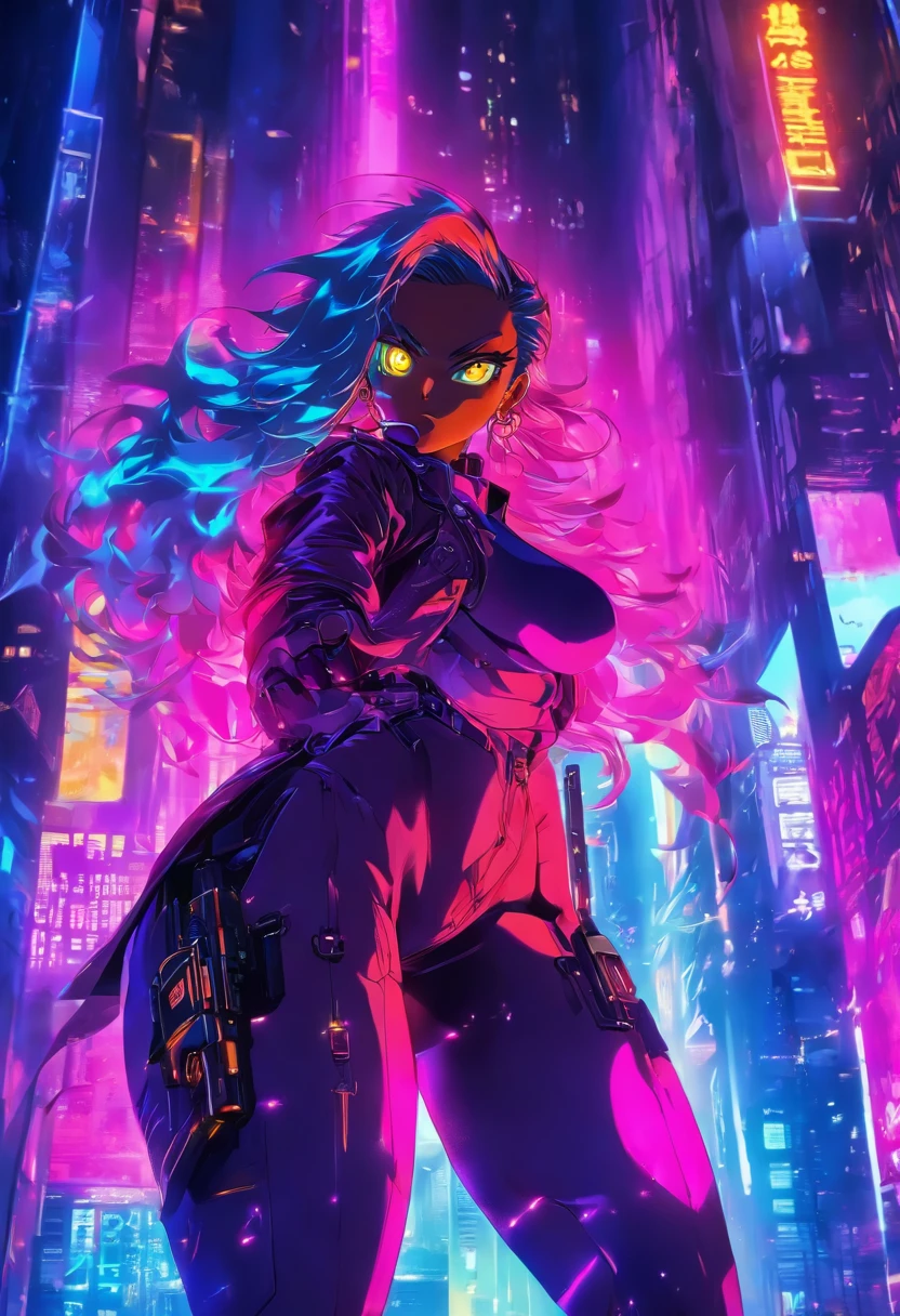 hindquarters, , bubble butt, Elastic docking, (Rear butt view:1.4),(Intense colors:1.5),Close up, Game cover art, 4K, Incredible art, Best quality, gigantic cleavage breasts,Masterpiece, (A MILF:1.2),(Curvy:1.3),(erected:1.4), (Juicy Carmelto:1.3),30 age old,Bigboobs, (Masterpiece), (Realistic), (Best quality), (Ultra-detailed), Amazing,Dystopian future female cyborg detective, wearing a leather trench coat, There are cybernetic eyes and guns in the holster, The background is a city landscape with flashing neon lights.