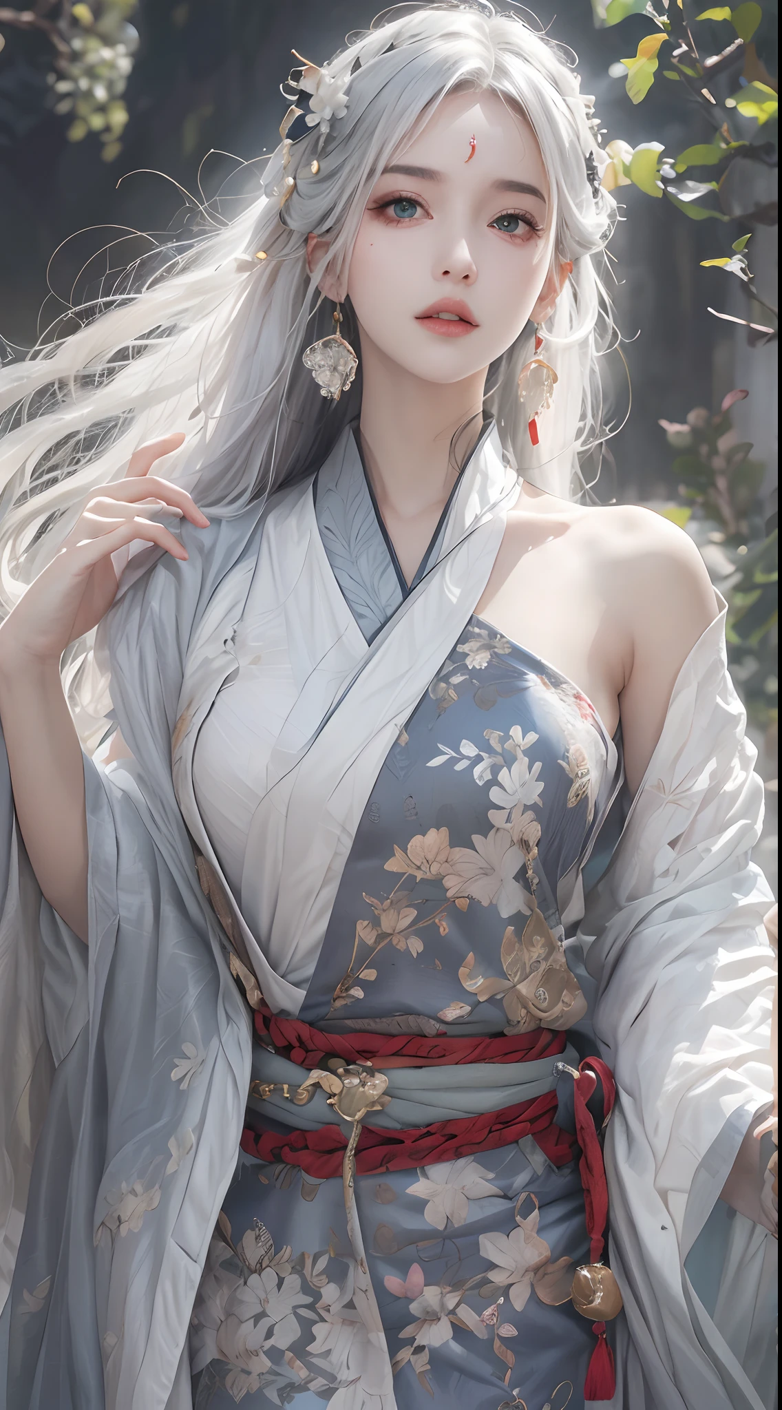 Photorealistic, high resolution, 1 woman, full body, Beautiful blue eyes, Long hair, ringed eyes, white hair, jewelry, tattoo, hanfu, Chinese fairy, beautiful teeth smile, open mouth