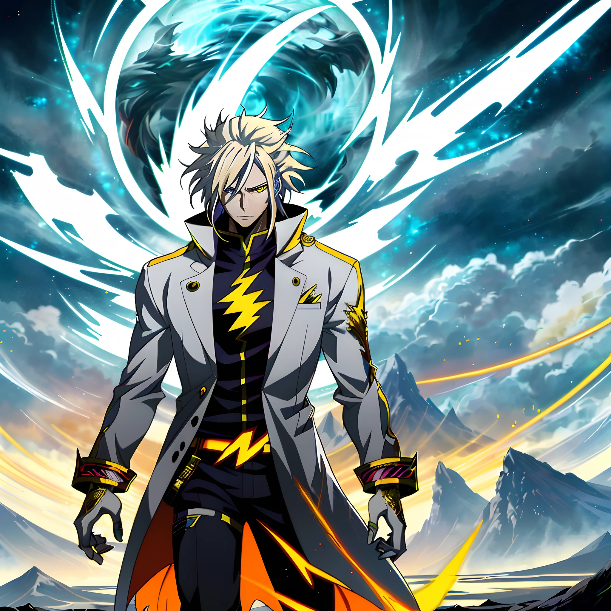 White long-haired anime character, Yellow eyes stand in front of Lightning,White clothes, Detailed key anime art, Key anime art, detailed anime character art, handsome guy in demon killer art, full art, high detailed official artwork, anime artsyle, offcial art, detailed anime art, Demon King