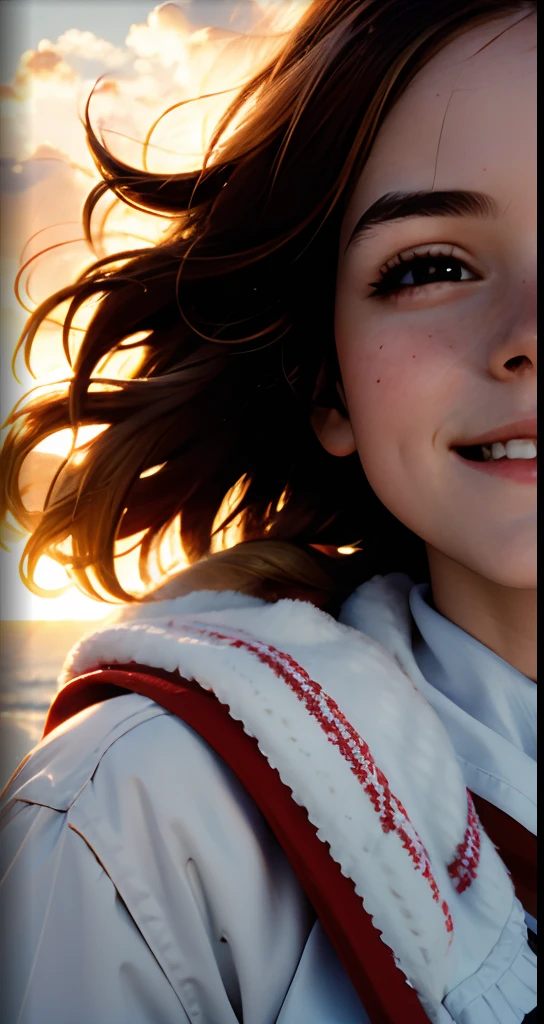 masterpiece, best quality, movie still, 1girl, cloud girl, floating in the sky, close-up, bright, happy, warm soft lighting, sunset, (sparks:0.7)