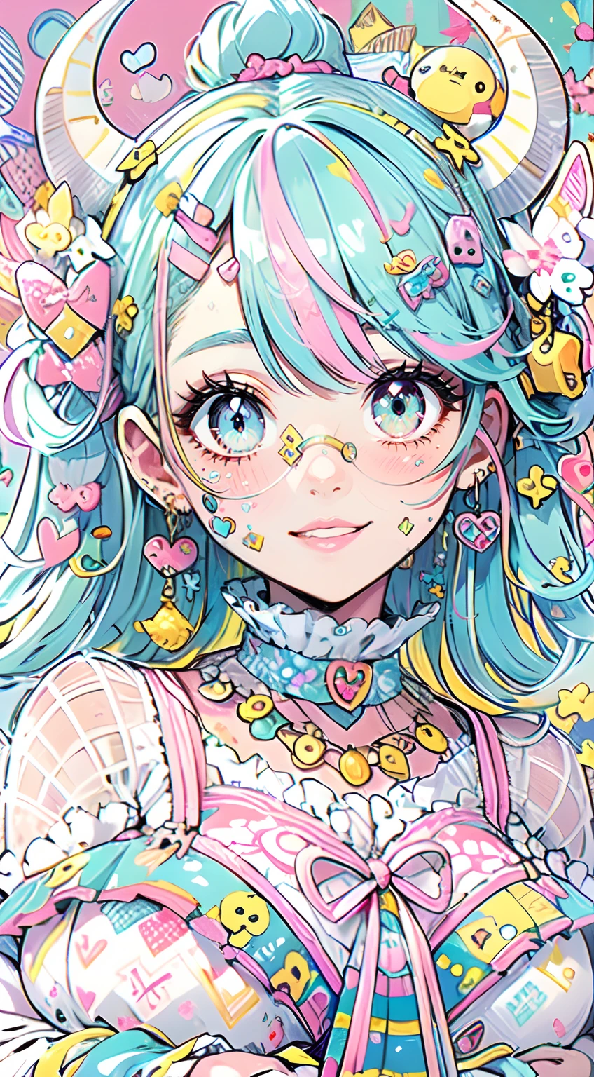 "kawaii, cute, adorable woman with pink, yellow, and baby blue color scheme. She is dressed in sky-themed clothes made out of clouds and sky motifs. Her outfit is fluffy and soft, with decora accessories like hairclips. She embodies the vibrant and trendy Harajuku fashion style." horns, demon wings, big boobs,big ass, big lips, juicy lips, huge hair, smile, mature, adult, masterpiece, highly detailed