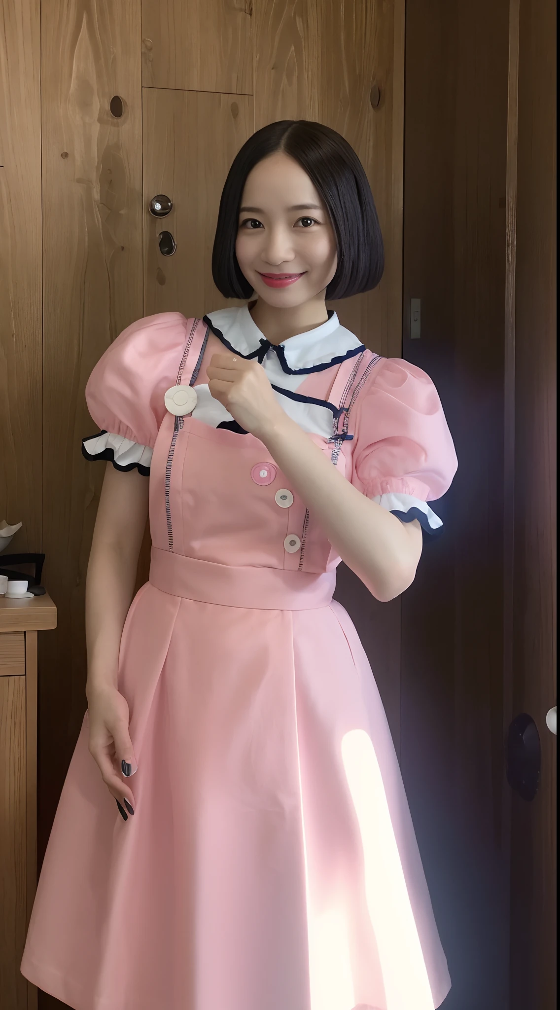 (side lights、Photorealsitic、Beautiful Eyes of Details:1.2)、portlate、realisitic、3D顔、shinny skin、(​masterpiece、top-quality、beautiful quality、Look at viewers、Detailed Lighting、shadowy、8K:1.4)、women's pictures、独奏、细致背景、Inside the maid café、is standing、1girl in、Pink maid clothes、Maid Woman、Cute Maid、Ayano Omoto、
