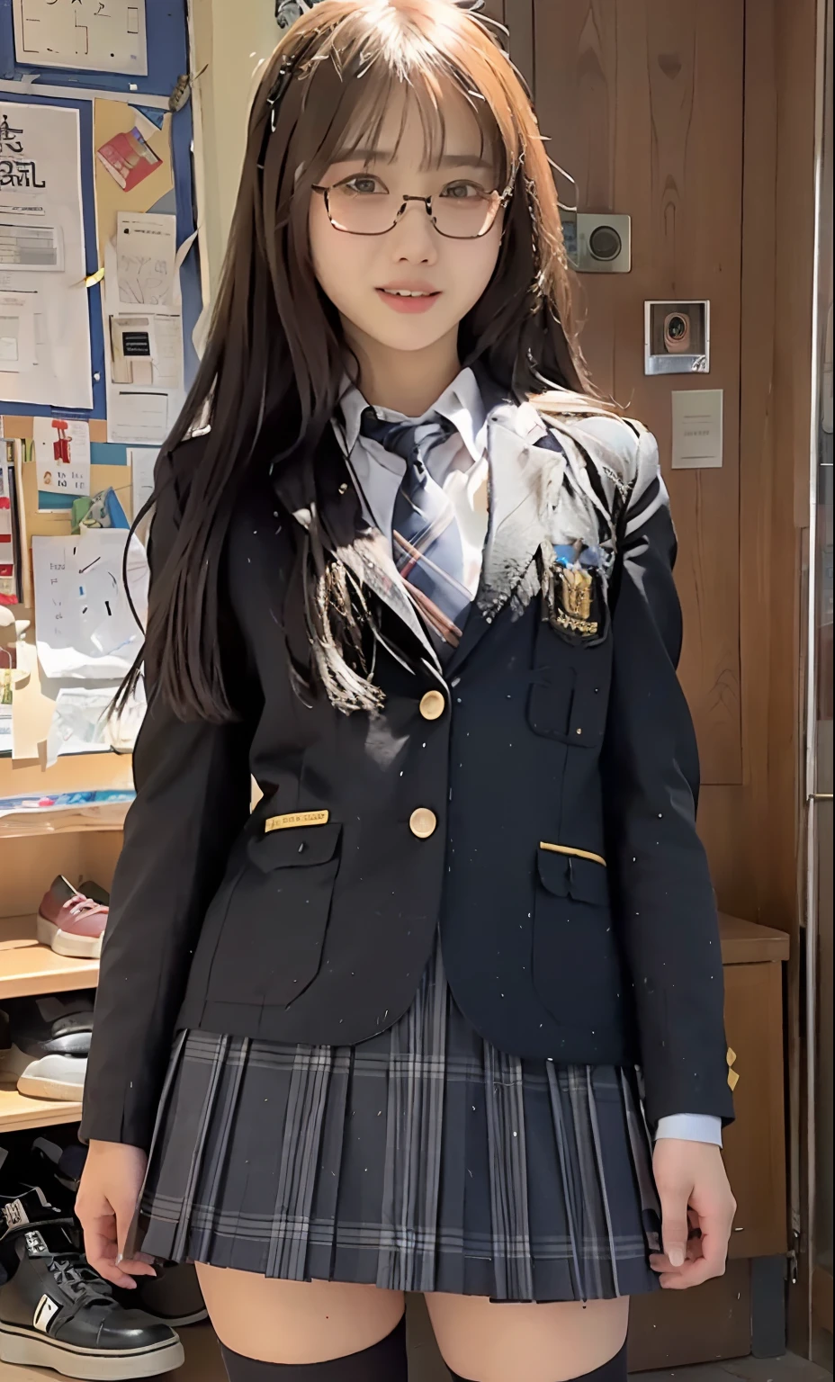 1girl, (raw photo:1.2), (photorealistic:1.4), beautiful detailed girl, super detailed, high resolution, very detailed, best quality, masterpiece, ((school girl wear school uniform)), illustration, 8k wallpaper, , (wearing glasses), ((battle pose)), grab long bow, standing, full body, school shoes with knee high socks