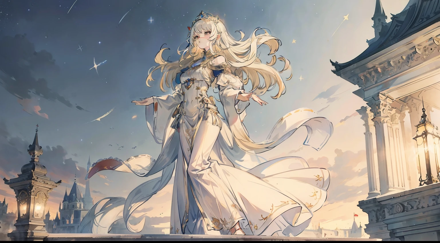 One adult woman standing on the balcony of a European castle、Blonde longhair、Beautiful dress with long white hem、Silver eyes、Stand with open hands、starrysky