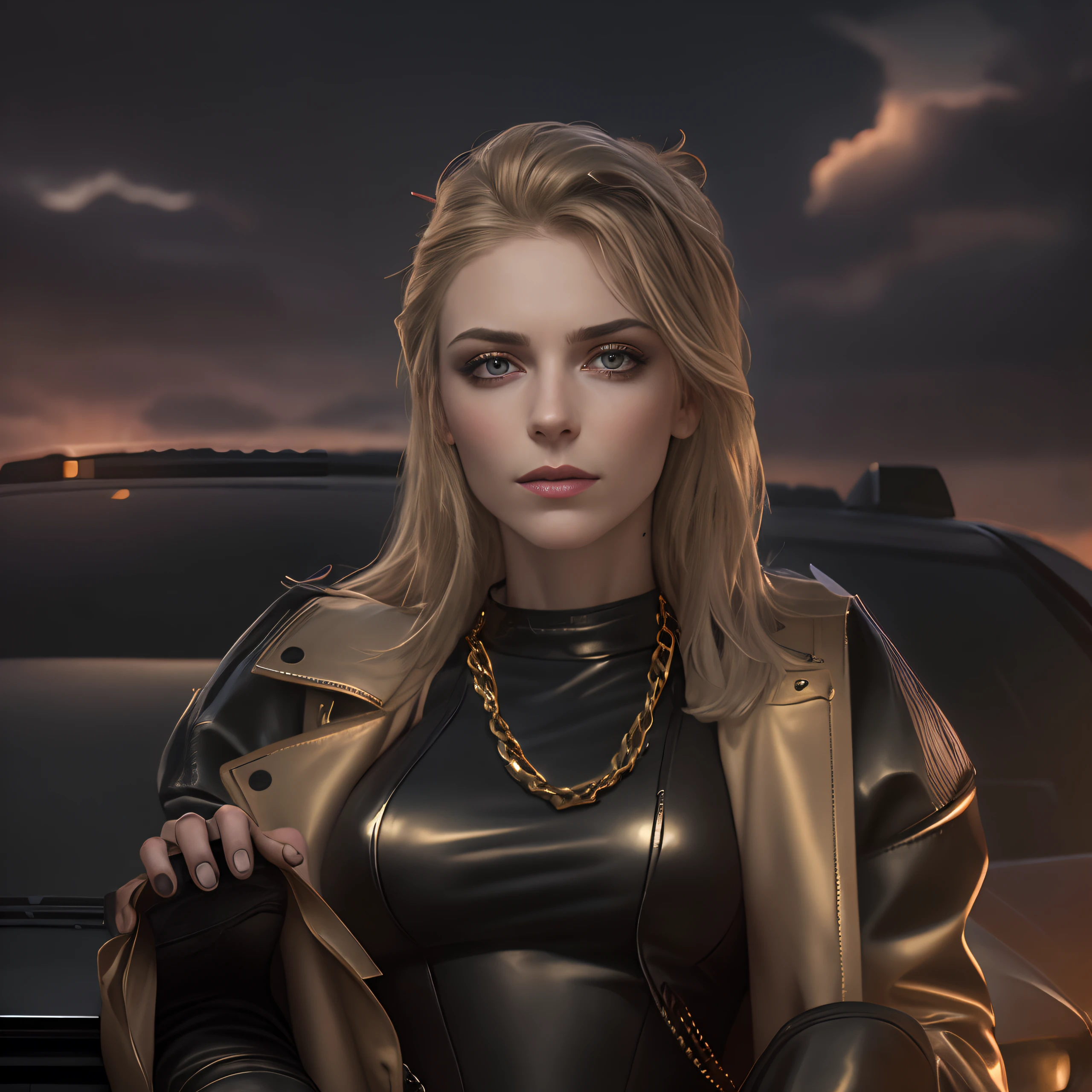 Arafed woman sitting on the hood of a car with a gun in her hand, julia hetta, She wears a leather jacket, High Quality Portrait, jovana rikalo, photograph of a techwear woman, anna nikonova, portait image, an album cover, Dressed in a leather jacket, Leather, aleksandra waliszewska, in a bandana and a thick gold chain, Mafia style, Prison romance