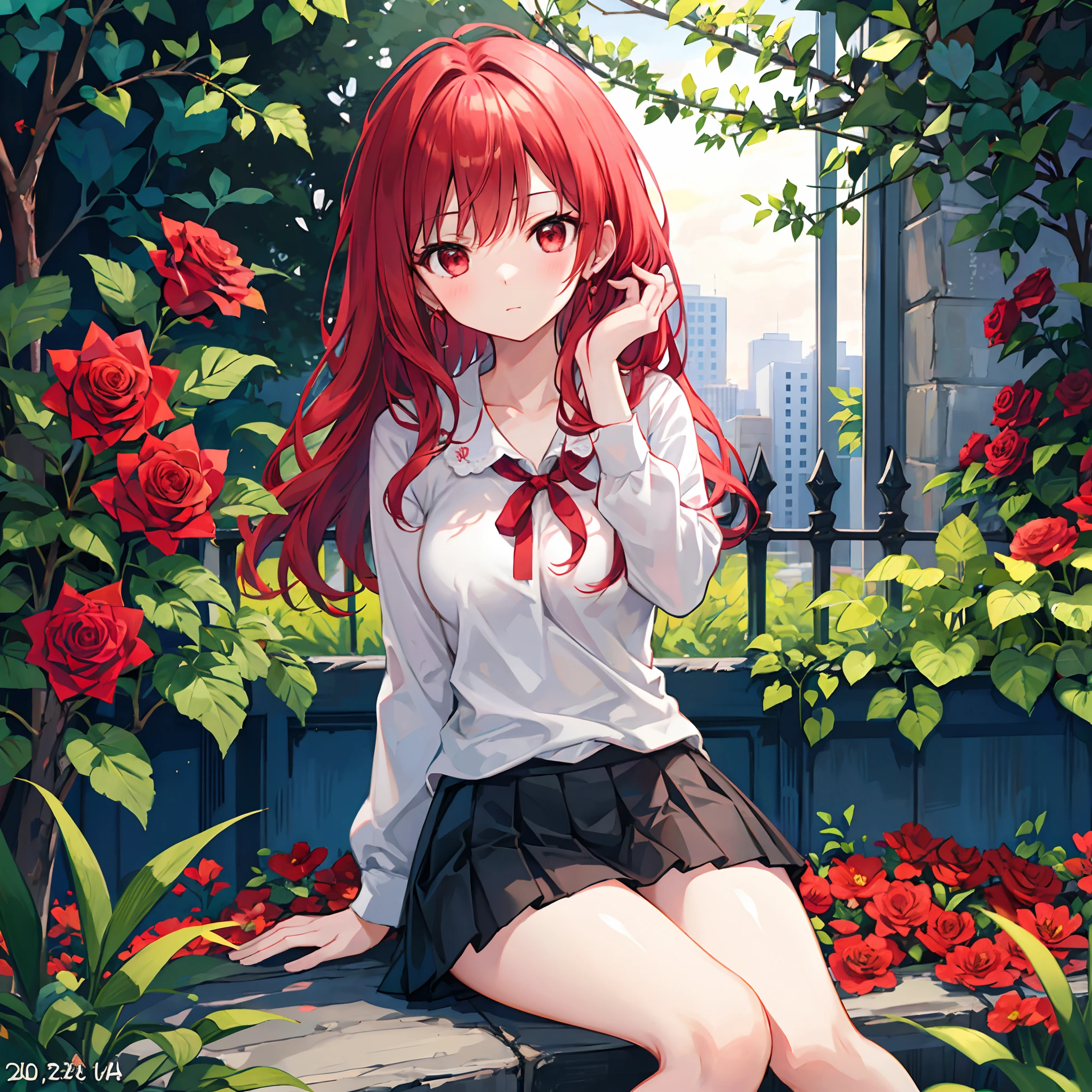 Wavy red hair、red eyes、Beautiful girl alone、a miniskirt、sitting on、Bright red rose garden
