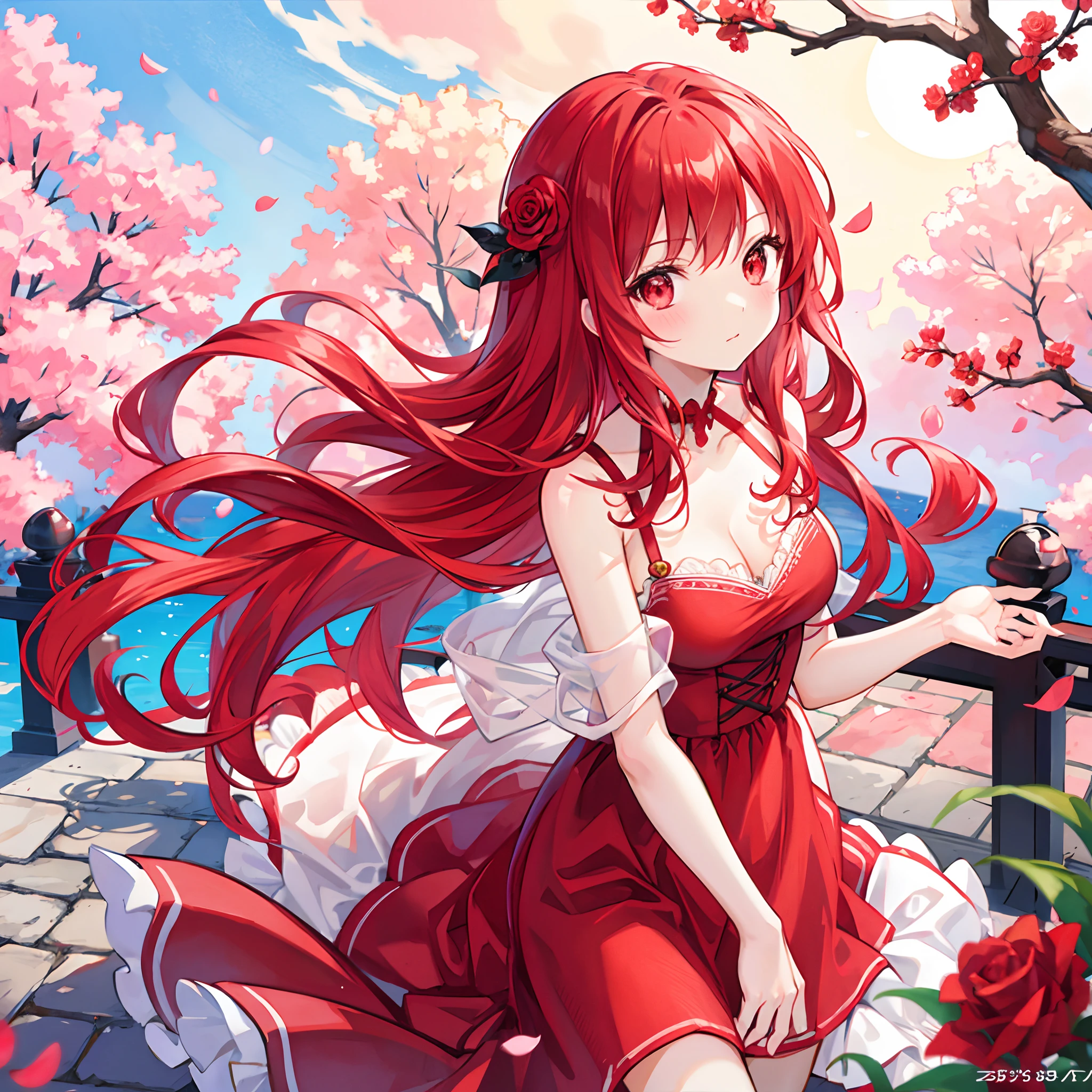 Wavy red hair、red eyes、Beautiful girl alone、Bright red dress、Bright red rose garden、a moon、cherry trees