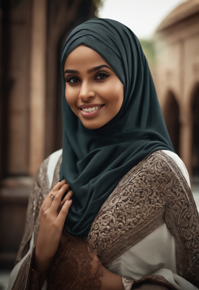 (realistic:1.3), insane detailed, quality, (masterpiece:1.2), (photorealistic:1.2), (best quality), (detailed skin:1.3), (intricate details), ray tracing, ((half body)), (((1girl))), (((1 person))), 16 years old, hijab, huge breasts, curvy body, sexy, exotic, thicc, big ass, smile, cute smile, dress, hijab, (dress with hijab), long dress, batik, Indonesian, african face, white hijab, (blurred background)