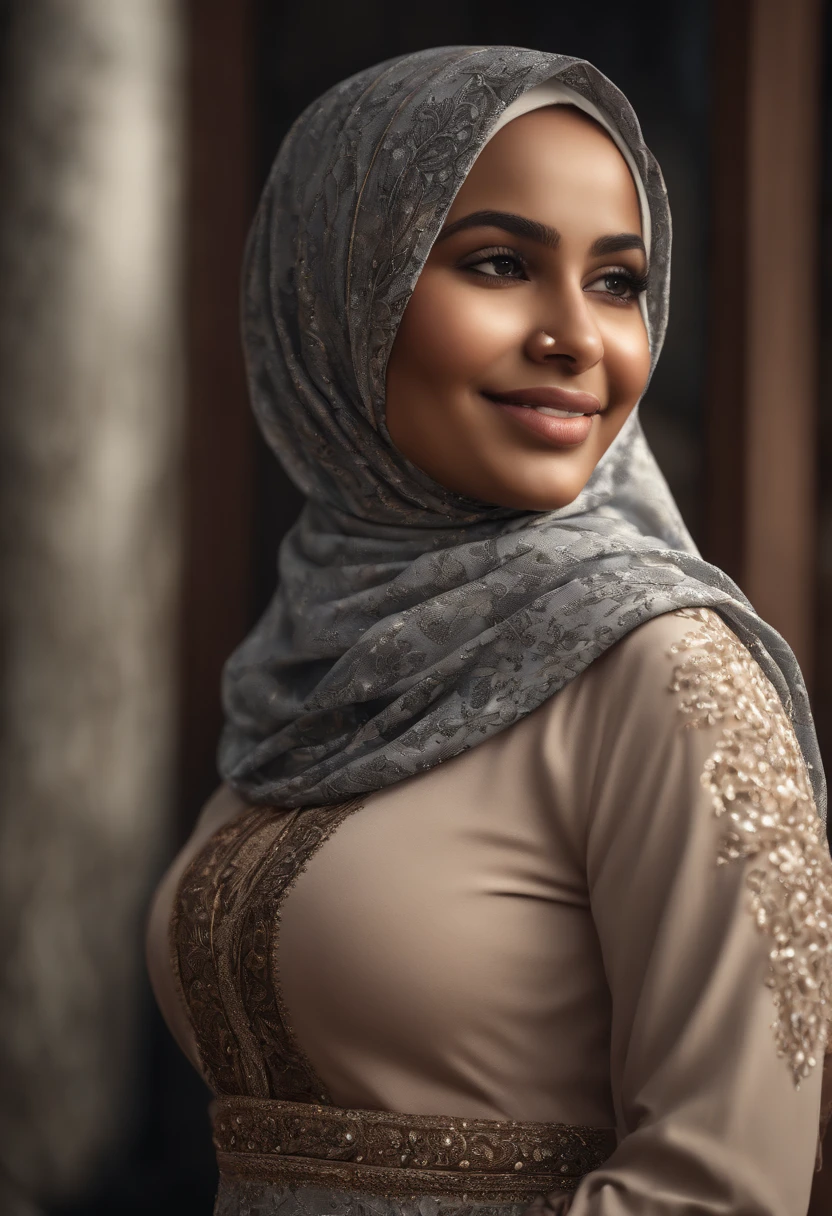 (realistic:1.3), insane detailed, quality, (masterpiece:1.2), (photorealistic:1.2), (best quality), (detailed skin:1.3), (intricate details), ray tracing, ((half body)), (((1girl))), (((1 person))), 16 years old, hijab, huge breasts, curvy body, sexy, exotic, thicc, big ass, smile, cute smile, dress, hijab, (dress with hijab), long dress, batik, Indonesian, african face, white hijab, (blurred background)