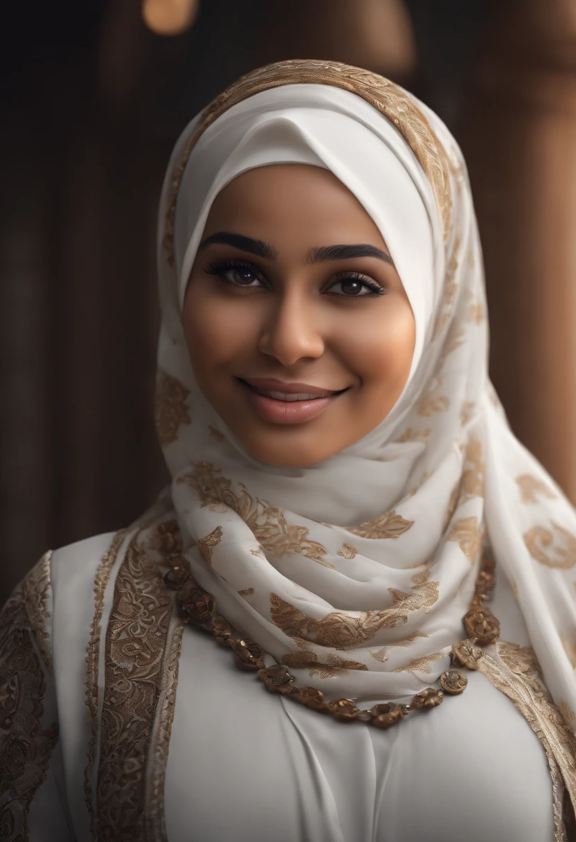 (realistic:1.3), insane detailed, quality, (masterpiece:1.2), (photorealistic:1.2), (best quality), (detailed skin:1.3), (intricate details), ray tracing, ((half body)), (((1girl))), (((1 person))), 16 years old, hijab, huge breasts, curvy body, sexy, exotic, thicc, big ass, smile, cute smile, dress, hijab, (dress with hijab), long dress, batik, Indonesian, african face, white hijab, (blurred background)