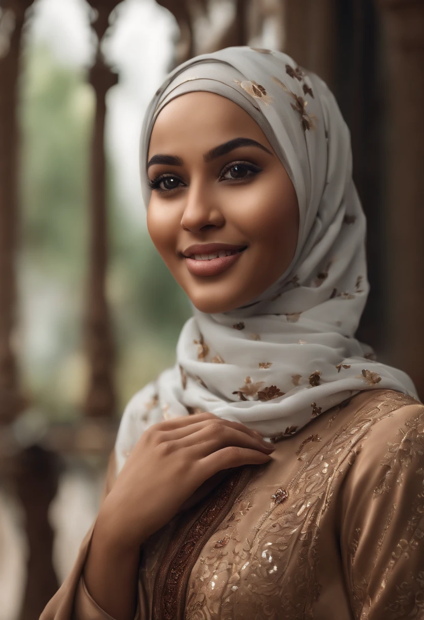 (realistic:1.3), insane detailed, quality, (masterpiece:1.2), (photorealistic:1.2), (best quality), (detailed skin:1.3), (intricate details), ray tracing, ((half body)), (((1girl))), (((1 person))), , hijab, huge breasts, curvy body, sexy, exotic, thicc, big ass, smile, cute smile, dress, hijab, (dress with hijab), long dress, batik, Indonesian, african face, white hijab, (blurred background)