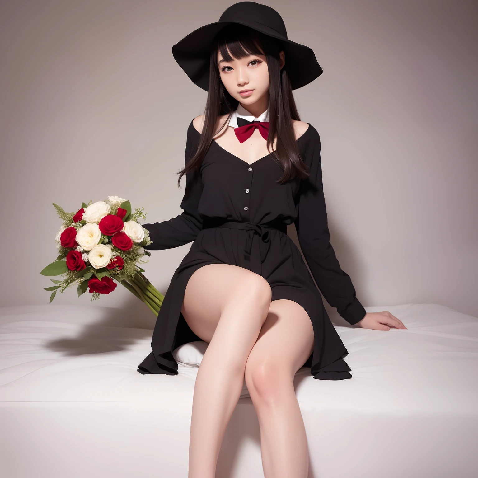 masutepiece, Best Quality, 1girl in, Solo, long_hair, up looking_で_viewer, White hair, Red Eyes, Smile, Bangs, Skirt, Shirt, long_sleeves, hat, Dress, Bow, Holding, Closed_Mouth, flower, frilld, hair_flower, flower petals, bouquet, Holding_flower, Center_frilld, bonnet, Holding_bouquet, Tachi-e, Full body, White background,