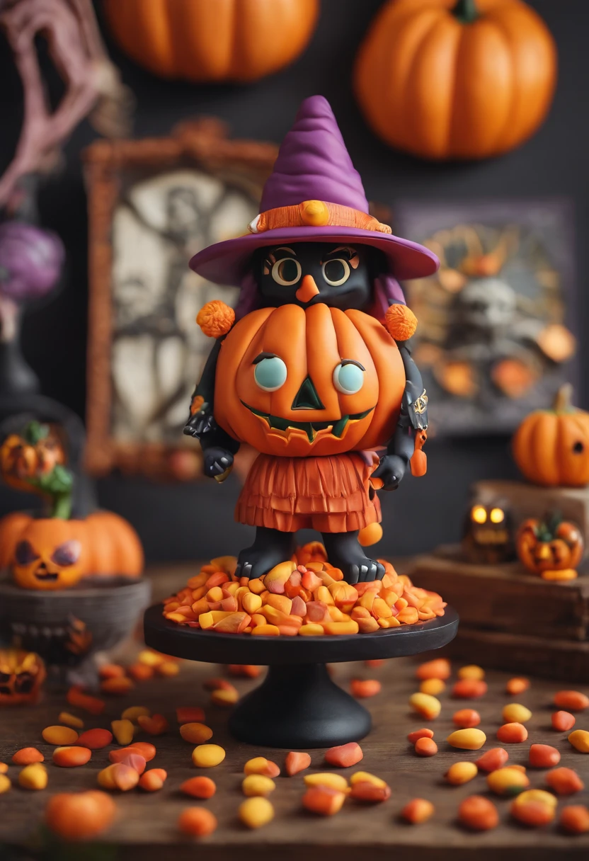 halloween theme sexy witch, cute pumpkin monsters, evil smile sunflower house gloria studio, clay material, cartoonish design style, pop mart, soft lighting, smooth lines, tilt-shift lenses, detailed science fiction illustrations, hyper-realistic details, warm color