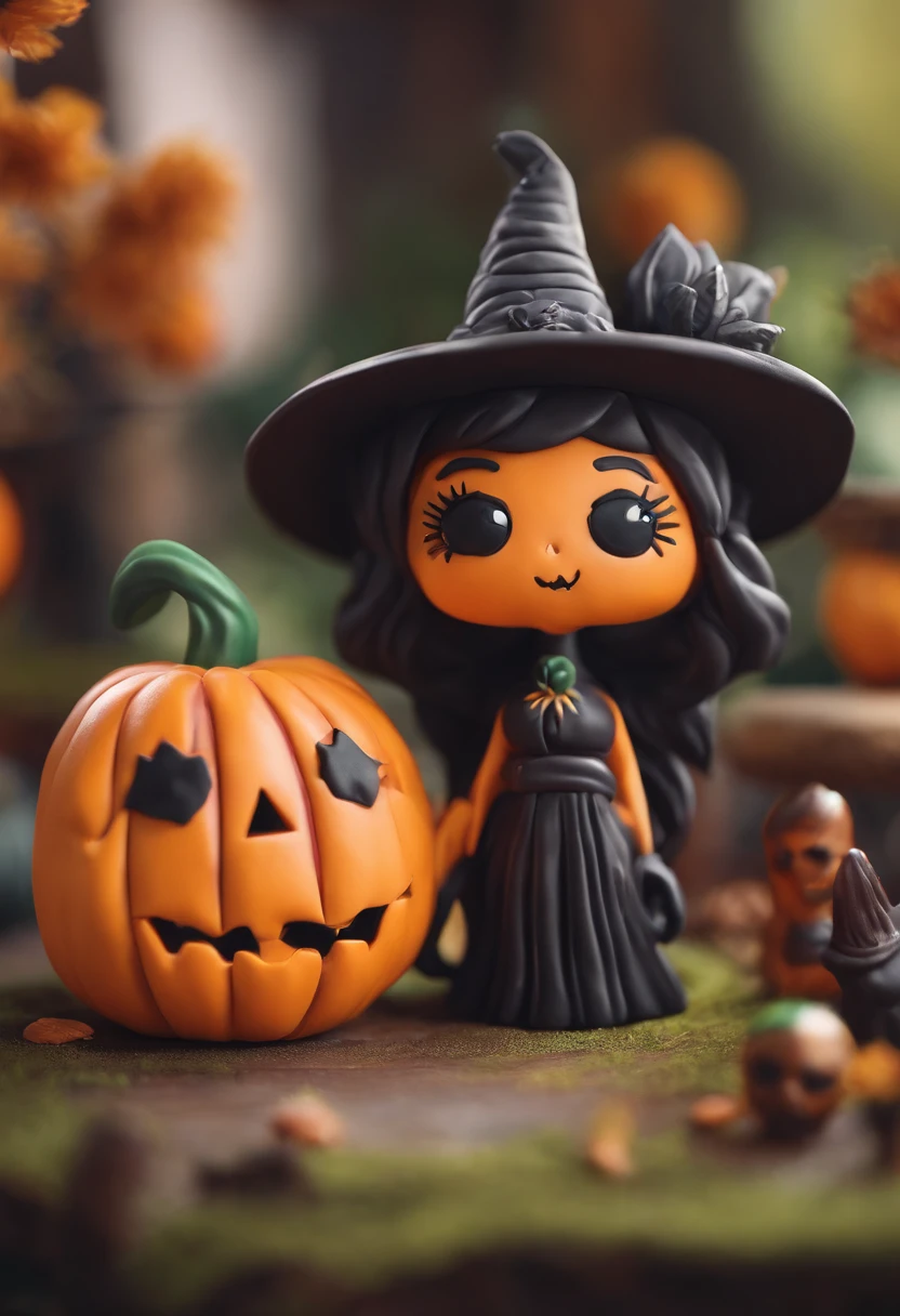 halloween theme sexy witch, cute pumpkin monsters, evil smile sunflower house gloria studio, clay material, cartoonish design style, pop mart, soft lighting, smooth lines, tilt-shift lenses, detailed science fiction illustrations, hyper-realistic details, warm color