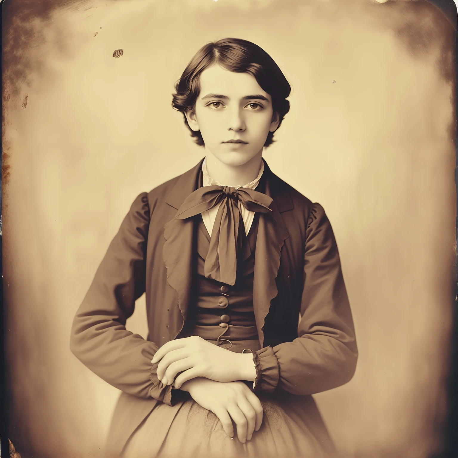 Fotografia de um rapaz de 17 anos de terno e gravata sentado, daguerrotype, colorful daguerreotype, Daguerreotype portrait, Photo Daguerreotype, daguerreotype photography, inspirado em Louis Buvelot, old sepia photography, Old wet plate daguerreotype, Victorian era, 1850