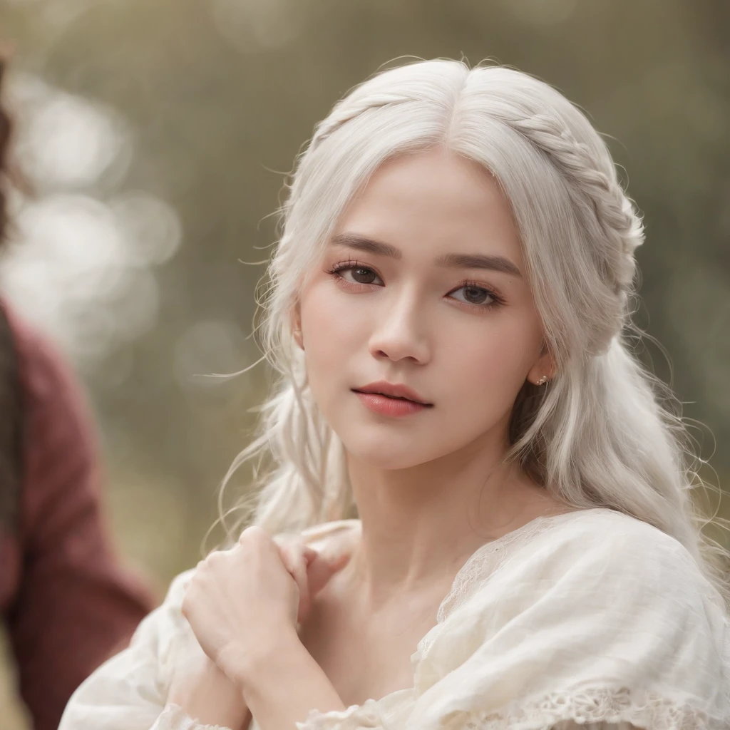 top-quality、​masterpiece、8K、femele、white  hair、Akame、white  clothes、look up to、cowboy  shot、Hair strands、light skinned、Side braid、Detailed hair strands、A detailed eye、A detailed face、Detailed mouth、Detailed hand、Detailed finger、