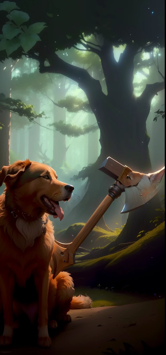 There is a dog that is sitting in the forest with an axe, captura de tela de um filme, ainda de um filme de fantasia, quadro do filme pixar, eixo, animated film, ainda de um filme live action, Ainda quadro de um filme, de uma cena de filme, segurando machado, com machado, segurando um machado, captura de tela do filme, Ainda de um filme da Pixar