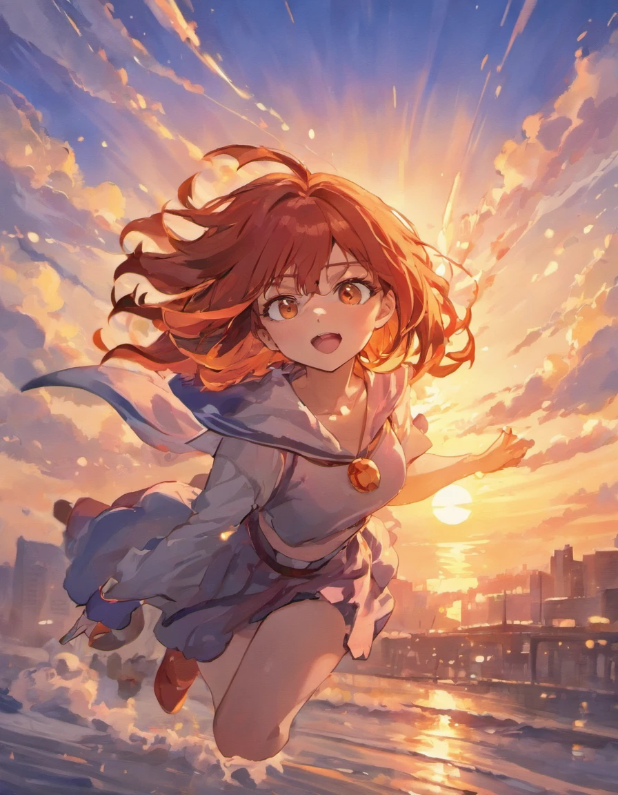 landscape beautiful woman wind swinging hair with extimation puppy sunset doo brunette, red hair, yellow eyes, glasses, forehead