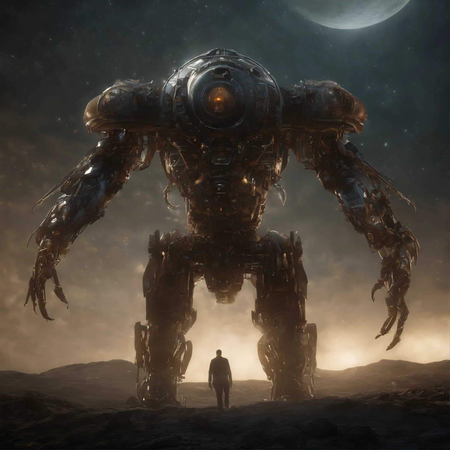 (best quality,4k,8k,highres,masterpiece:1.2), ultra-detailed, (realistic,photorealistic,photo-realistic:1.37), HDR,UHD,studio lighting,ultra-fine painting,sharp focus,physically-based rendering,extreme detail description, professional, vivid colors, bokeh, biomechanical, angels, glowing light eyes, eery, creepy, nightmarish atmosphere, vibrant color contrast, light particles dancing in the air, ethereal glow, mechanical wings, symbolic gestures, celestial scene, mysterious aura, haunting melodies, textured surfaces, intricate patterns, cosmic backdrop, depth and dimension, otherworldly beauty, futuristic technology, surrealistic elements, supernatural beings, supernatural powers, dark and intense energy, interstellar travel, galactic references, celestial bodies, intense emotions, dynamic composition, captivating visuals, mesmerizing artwork, awe-inspiring imagery, immersive experience, dreamlike ambiance, dramatic lighting, hauntingly beautiful, mesmerizing details