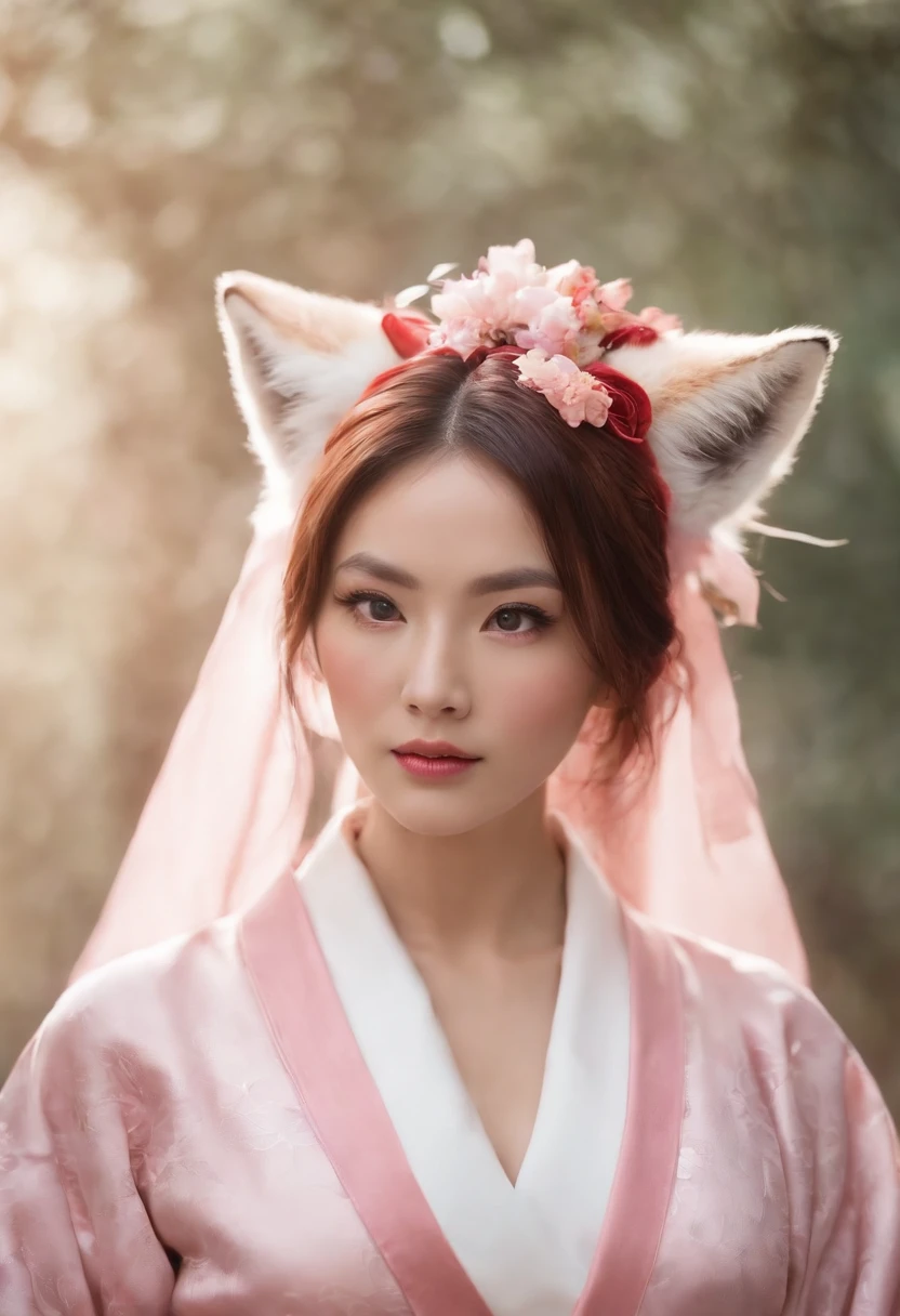 Fox Woman,Pink kimono,Lightning element,Eyes of contempt,