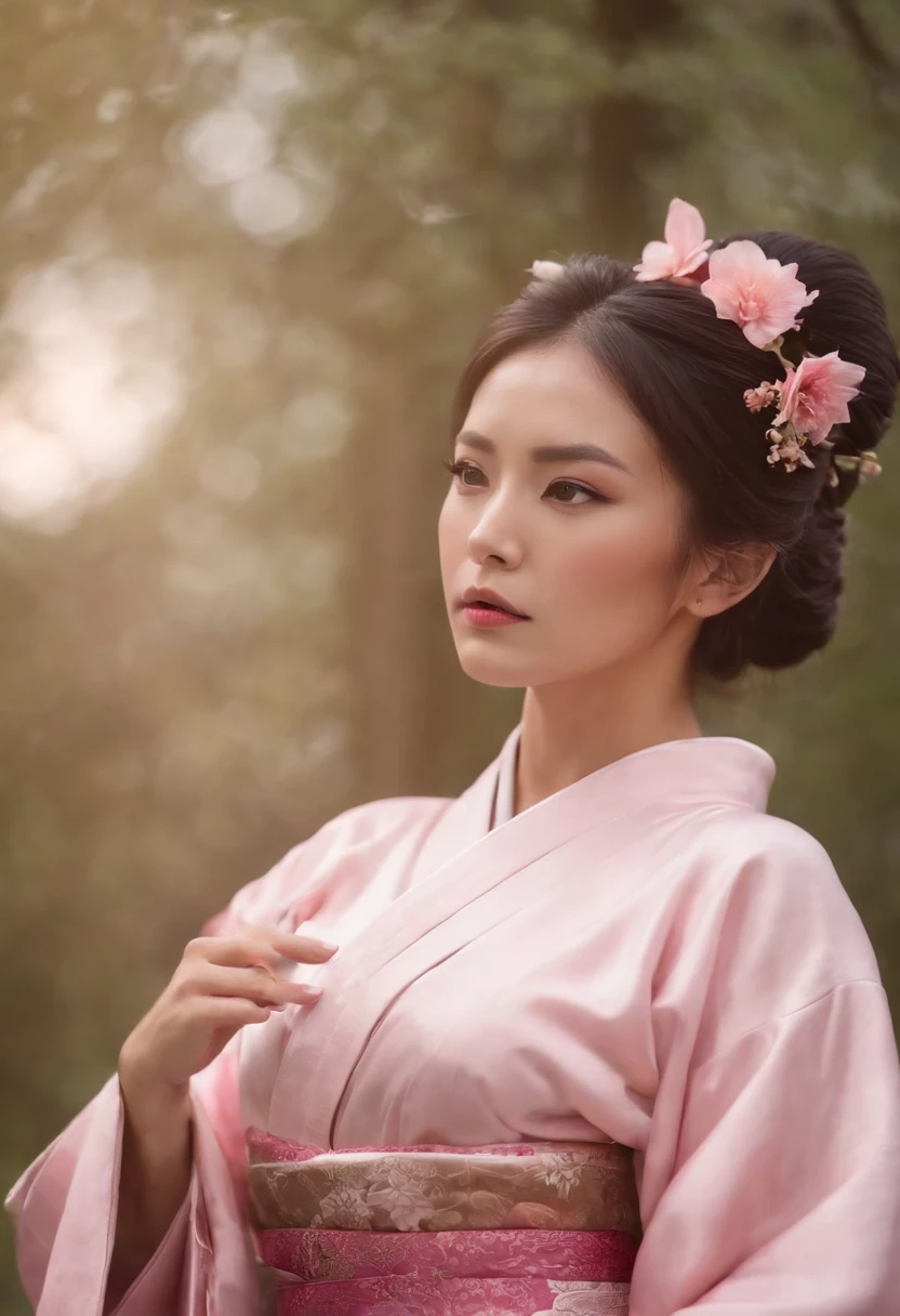 Fox Woman，Pink kimono，Lightning element，Eyes of contempt，