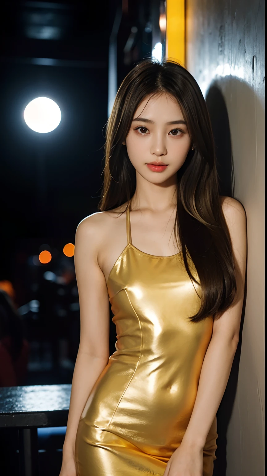 (((thai girl))), thin face, natural skin, wearing hot small dress, charming black hair, ((hair ends are blonde)), nightclub background