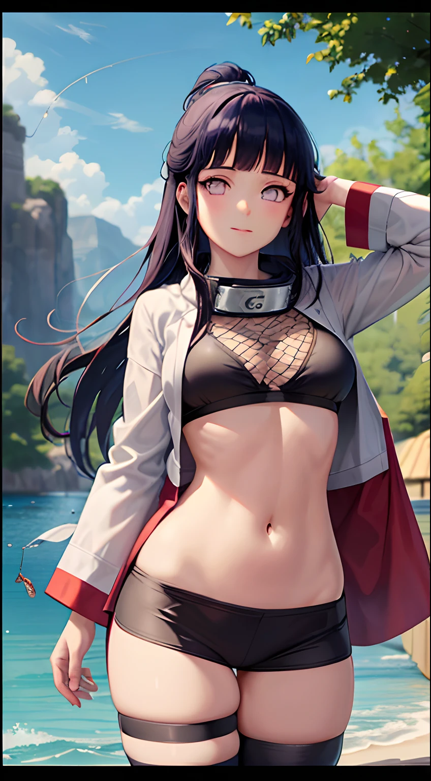 master part, High definition, alta qualidade, Rosto detalhado, Detailed body rendering, 1girl, sozinho,  Hinata roupas sem mangas,quarto,, camisa sem mangas,( clothing with fishing net),  jaqueta descompactadora,  Standing, corar, (no quarto)