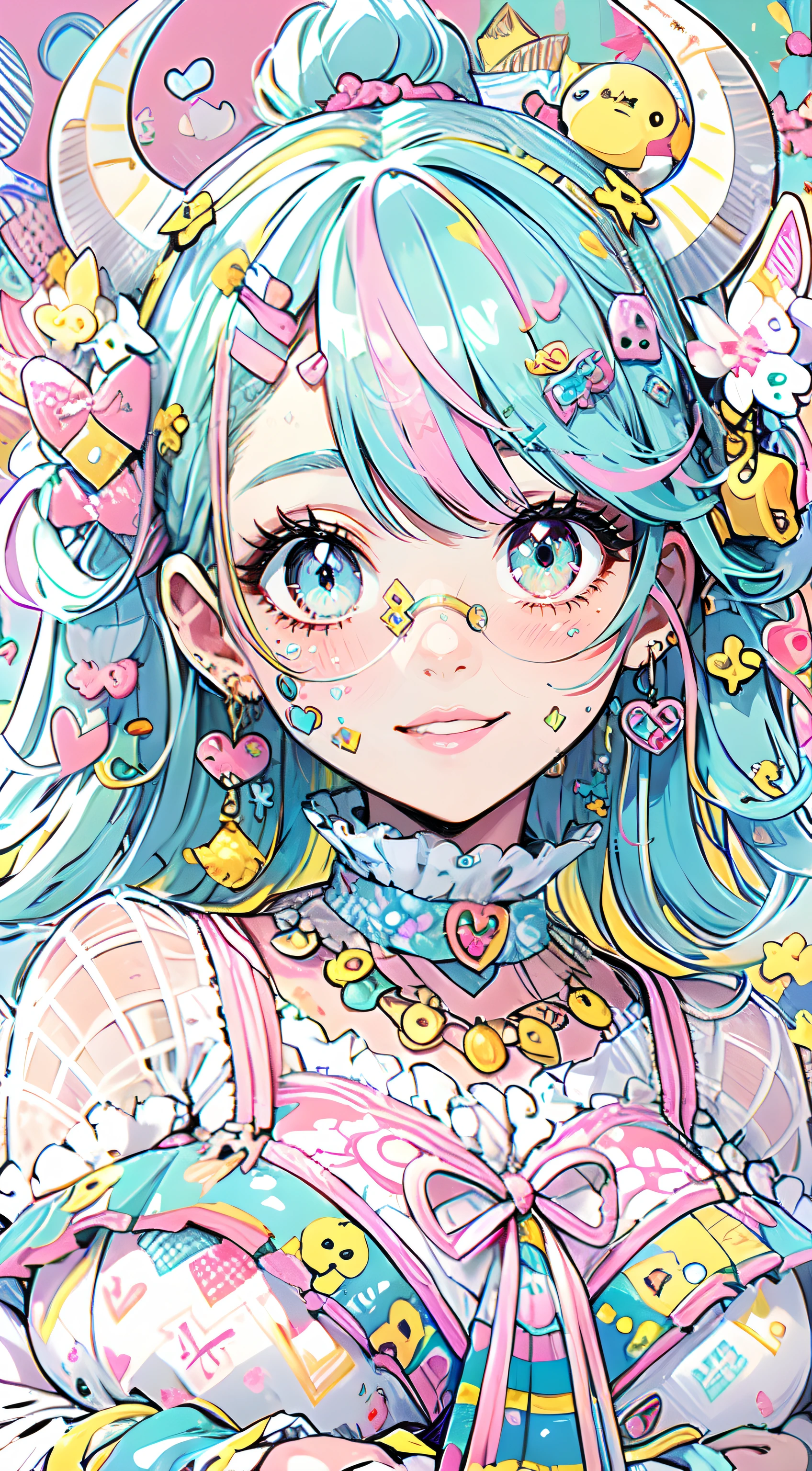 "kawaii, cute, adorable woman with pink, yellow, and baby blue color scheme. She is dressed in sky-themed clothes made out of clouds and sky motifs. Her outfit is fluffy and soft, with decora accessories like hairclips. She embodies the vibrant and trendy Harajuku fashion style." horns, demon wings, big boobs,big ass, big lips, juicy lips, huge hair, smile, mature, adult, masterpiece, highly detailed