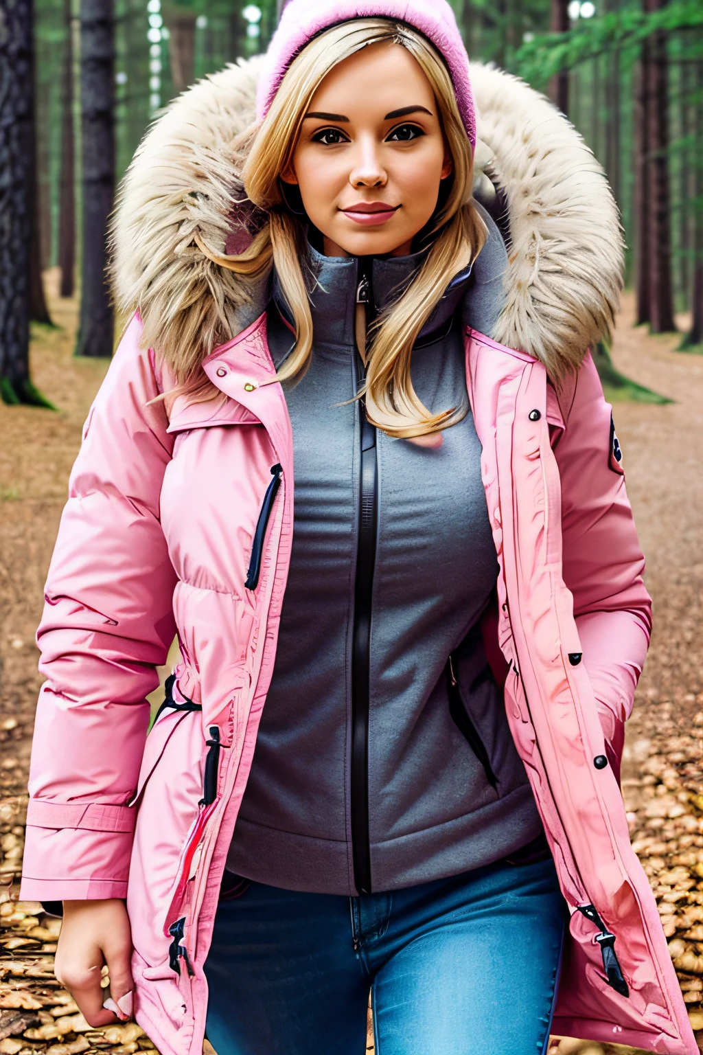 Make a woman with big breast, Pink long winterjacket , with open zipper, with face, body, Forrest, travel bag, Yellow pants, camper, dog