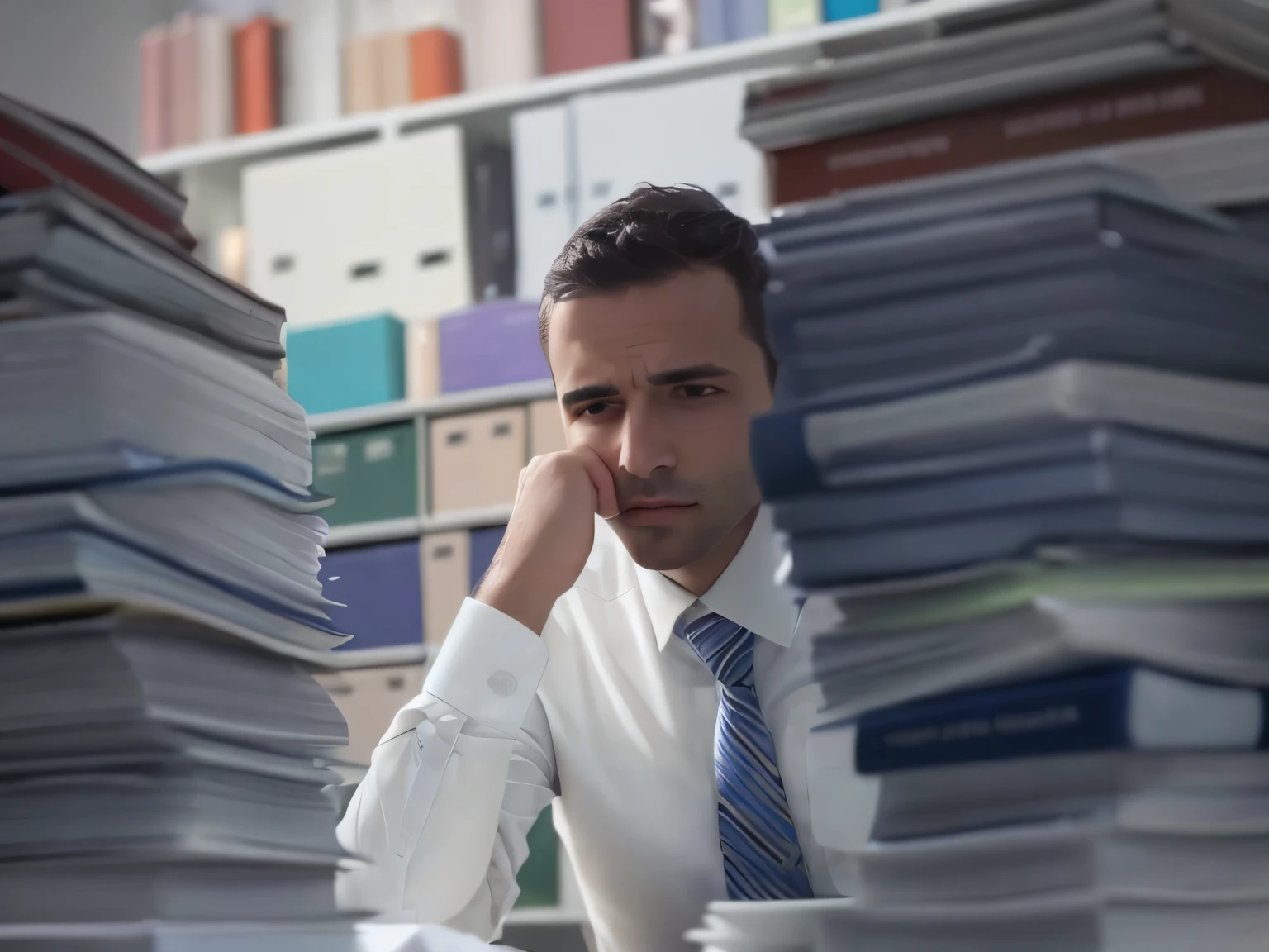 Man in white shirt and tie sitting in front of a stack of papers, pilhas de papelada, Foto de Stock, ansiedade induzindo bastidores, frustrado detalhado, Shutterstock, Imagem de Stock, Frustrado, foto ainda, someone lost job, estressante, iStock, Lutando, sobrecarga, estressado e esgotado, fundo interessante, Documentos
