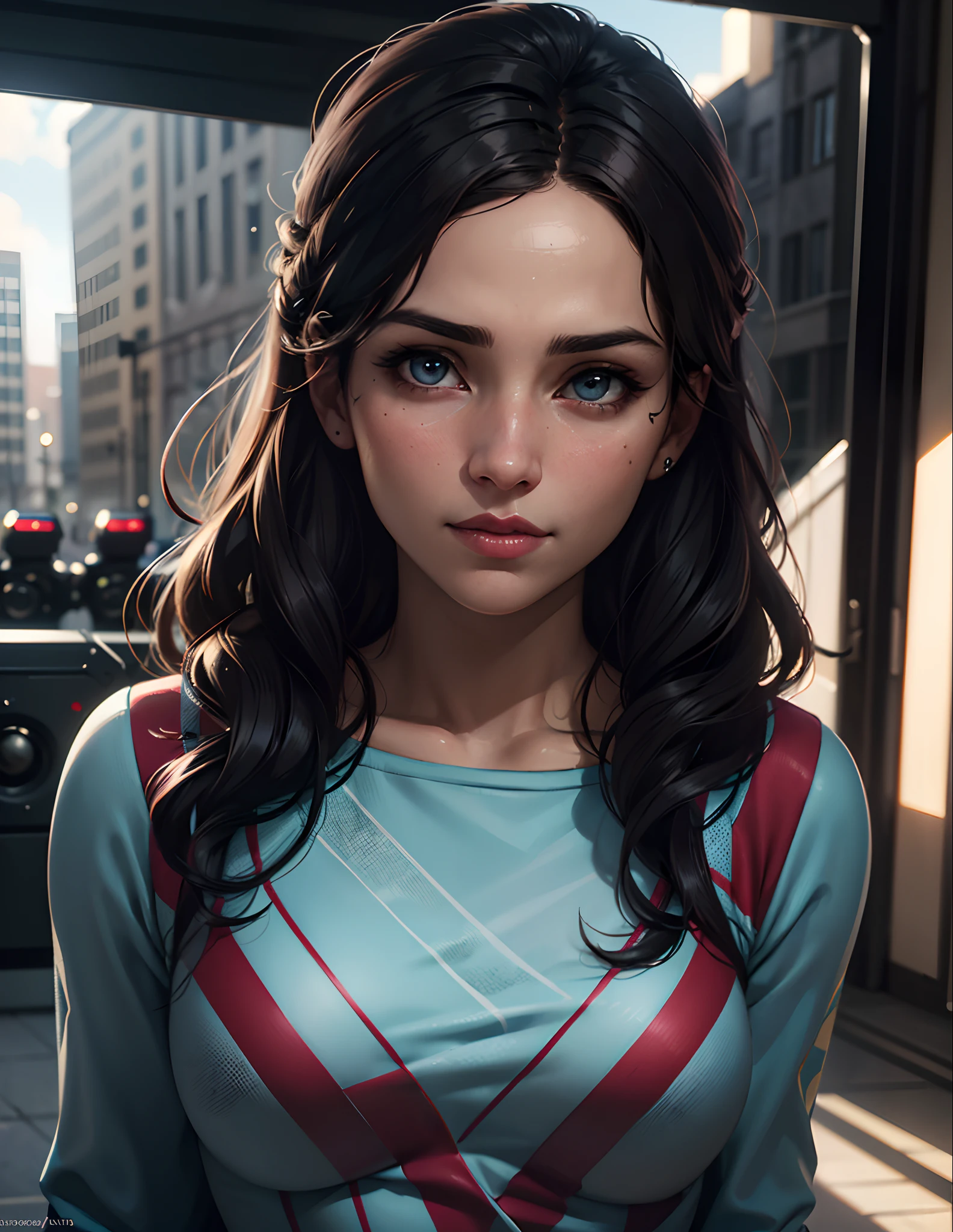 Fotografia de uma menina, medium bust, pele clara, wavy hair looks at the camera, symmetric eyes, symmetrical face, fotorrealista, fotografia, Rastreamento de caminho, specular illumination, volumetric facial light, path traced hair, visible shadows, intrincado, elaborar, hyper realistic