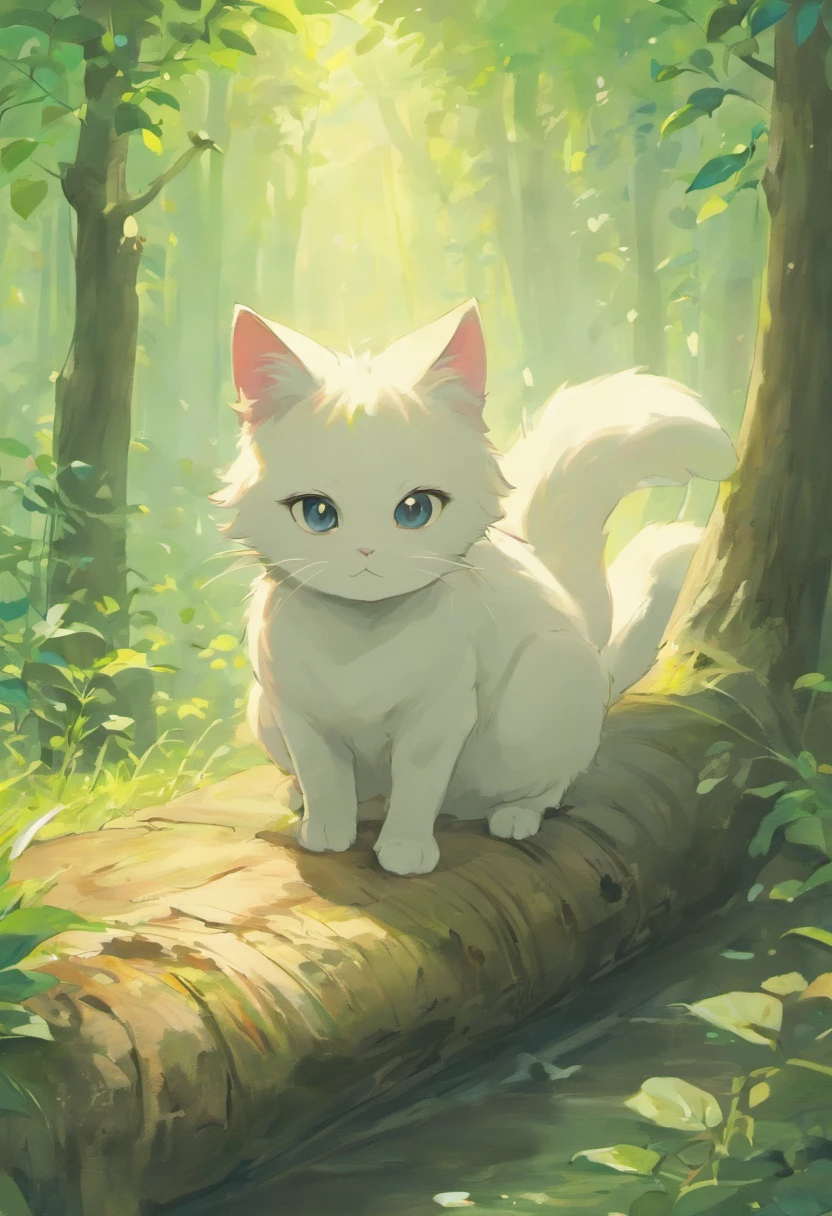 There is a little white cat sitting on a log with a camera, one eye to take pictures, cute digital art, cute digital painting, cute detailed digital art, cute 3 D rendering, cute cartoon characters, cute anthropomorphic rabbit, cute cartoon, cute detailed artwork, cute cute art, cute cute photos, cute animals, cute cute characters, cute creatures --auto --s2