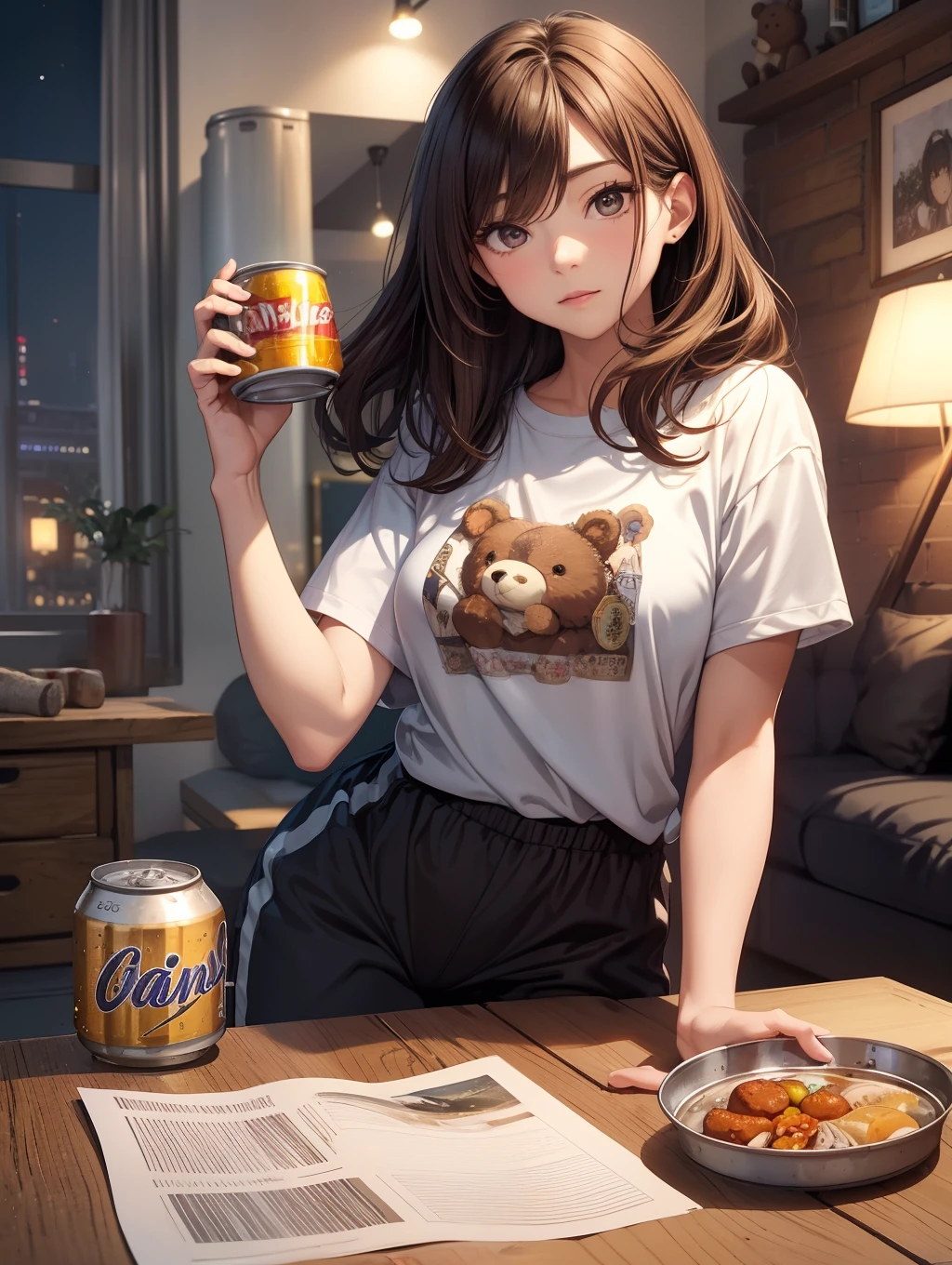 Best Quality, masutepiece, beautiful mature women、Beautiful face、Strong-minded woman、tshirts、Jersey pants、brown haired、Brown-eyed、Longhaire、Undersized eyes、Full body like、(((in home１a person)))、(Canned beer)、Small table、Stuffed Bear、The background is your room、((during night))、The dim