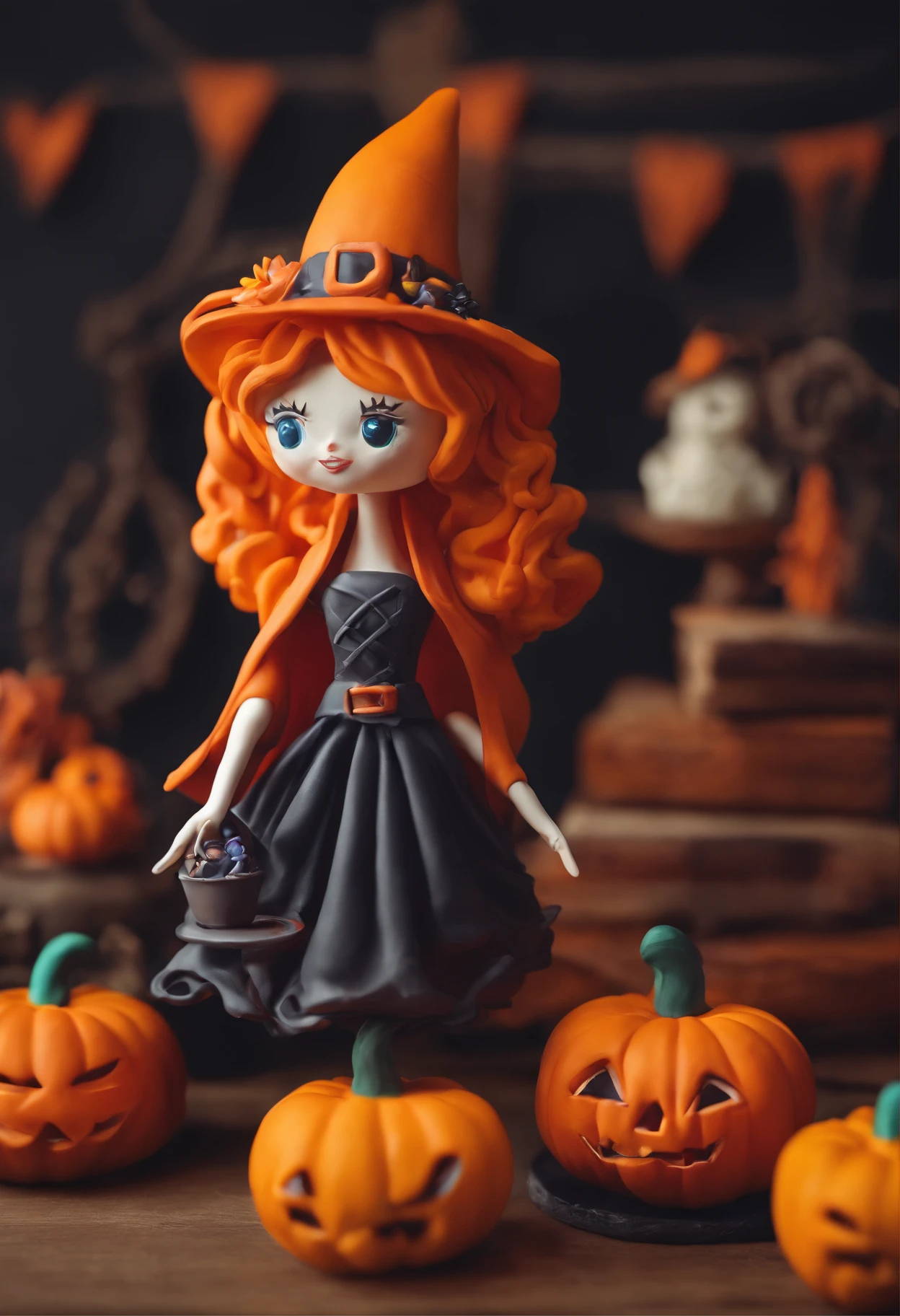 halloween theme sexy witch, cute pumpkin monsters, evil smile sunflower house gloria studio, clay material, cartoonish design style, pop mart, soft lighting, smooth lines, tilt-shift lenses, detailed science fiction illustrations, hyper-realistic details, warm color