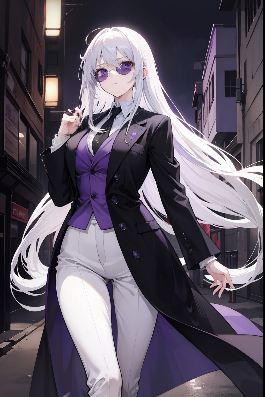 tall anime woman, tied-up long white hair, beautiful purple eyes, round purple-tinted sunglasses, in a black suit and coat, formal wear, walking down a dark street, neutral face expression, 8k, high resolution