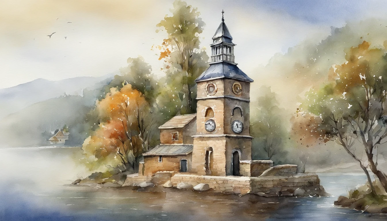 The lower part of the clock tower is、It is shaped like an anchor、The color is silver、Watercolor touch