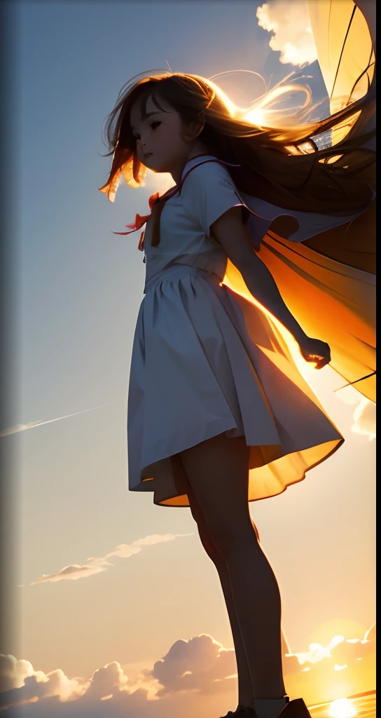 masterpiece, best quality, movie still, 1girl, cloud girl, floating in the sky, close-up, bright, happy, warm soft lighting, sunset, (sparks:0.7)