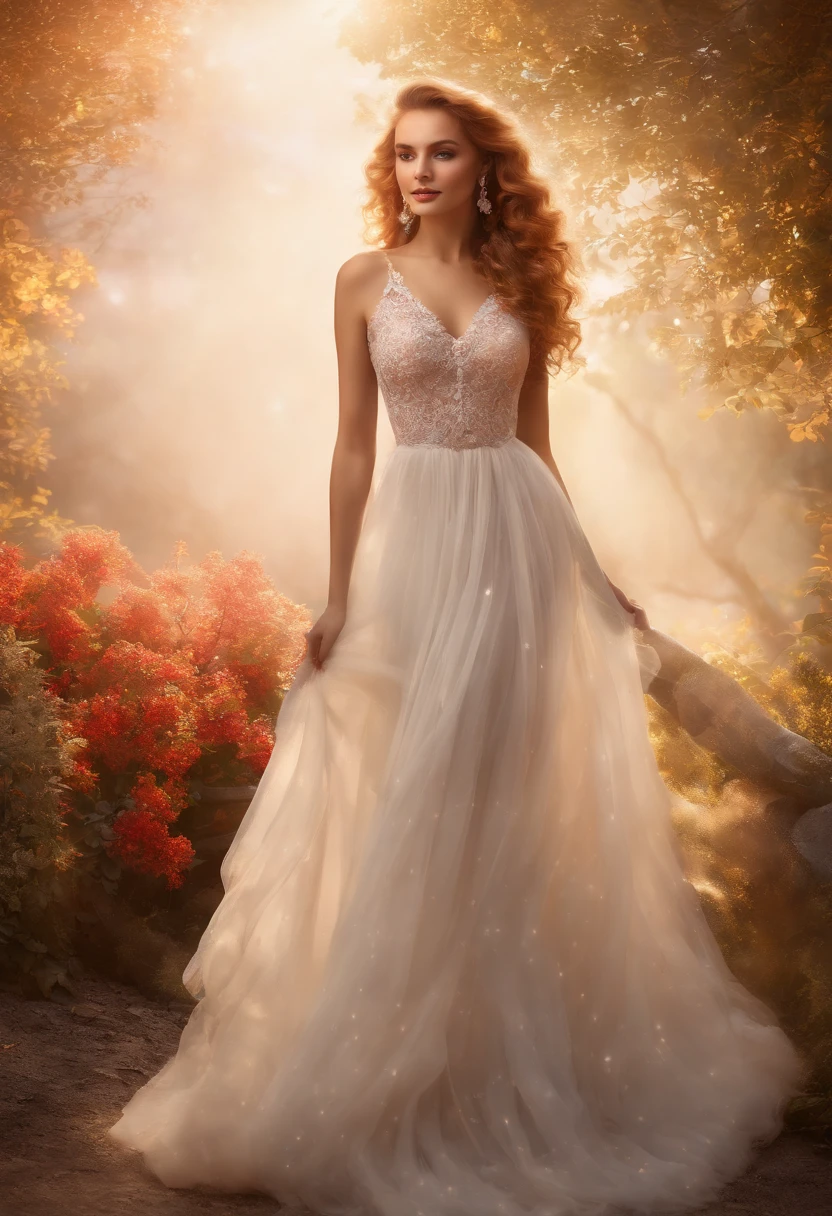 ginger hair stunning girl, 30 years old stunning girl , red rose and orchid garden, epic garden , ( white long lace gown:1.8),(long, messy hair, hair floating in the wind:1.6), blue eyes, detailed eyes, detailed lips, ( sensual, full body:1.5), (photo from low angles:1.5), (gardens inside the modern Gothic castle, fog and fog:1.3), low neck, ray tracing, (best quality, 4k, 8k, high resolution, masterpiece:1.2), very detailed, (realistic , photorealistic, photorealistic :1.37), HDR, UHD, masterpiece, professional, bright and neutral colors, studio lighting