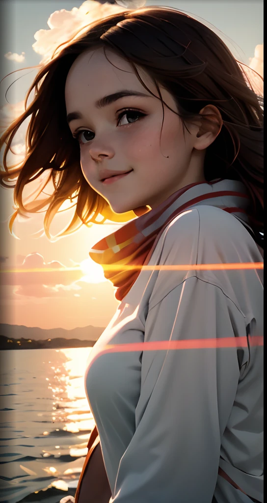 masterpiece, best quality, movie still, 1girl, cloud girl, floating in the sky, close-up, bright, happy, warm soft lighting, sunset, (sparks:0.7)