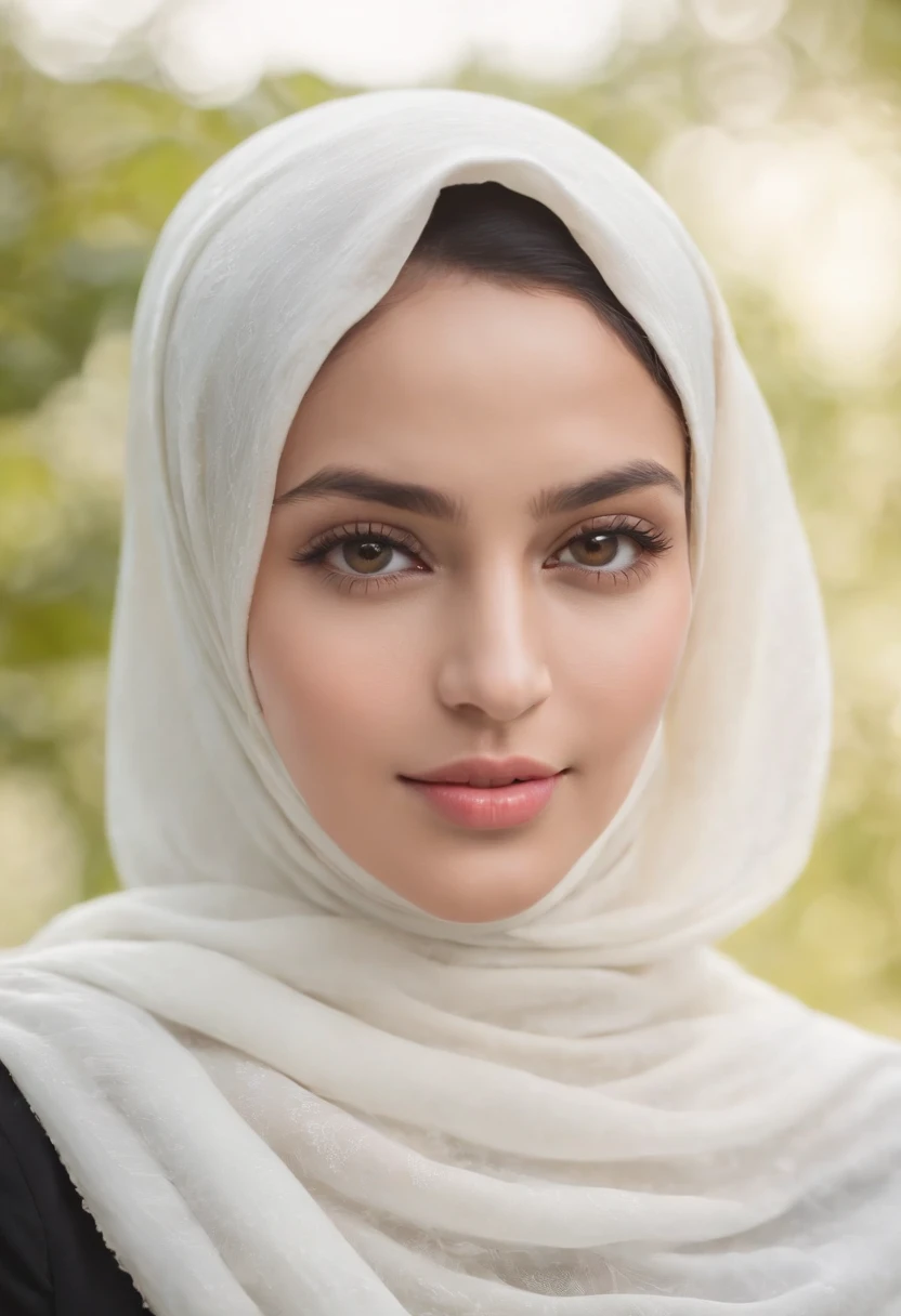 (realistic:1.3), insane detailed, quality, (masterpiece:1.2), (photorealistic:1.2), (best quality), (detailed skin:1.3), (intricate details), ray tracing, ((half body)), (((1girl))), (((1 person))), 16 years old, hijab, huge breasts, curvy body, plump ass, thicc, sexy, smile, cute smile, dress, hijab, (dress with hijab), naked, african face, white hijab, nature, (blurred background)