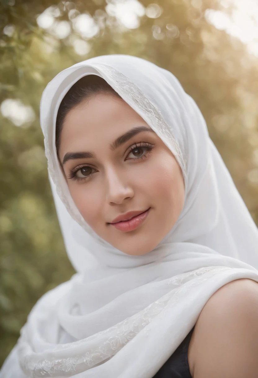 (realistic:1.3), insane detailed, quality, (masterpiece:1.2), (photorealistic:1.2), (best quality), (detailed skin:1.3), (intricate details), ray tracing, ((half body)), (((1girl))), (((1 person))), 16 years old, hijab, huge breasts, curvy body, plump ass, thicc, sexy, smile, cute smile, dress, hijab, (dress with hijab), naked, african face, white hijab, nature, (blurred background)