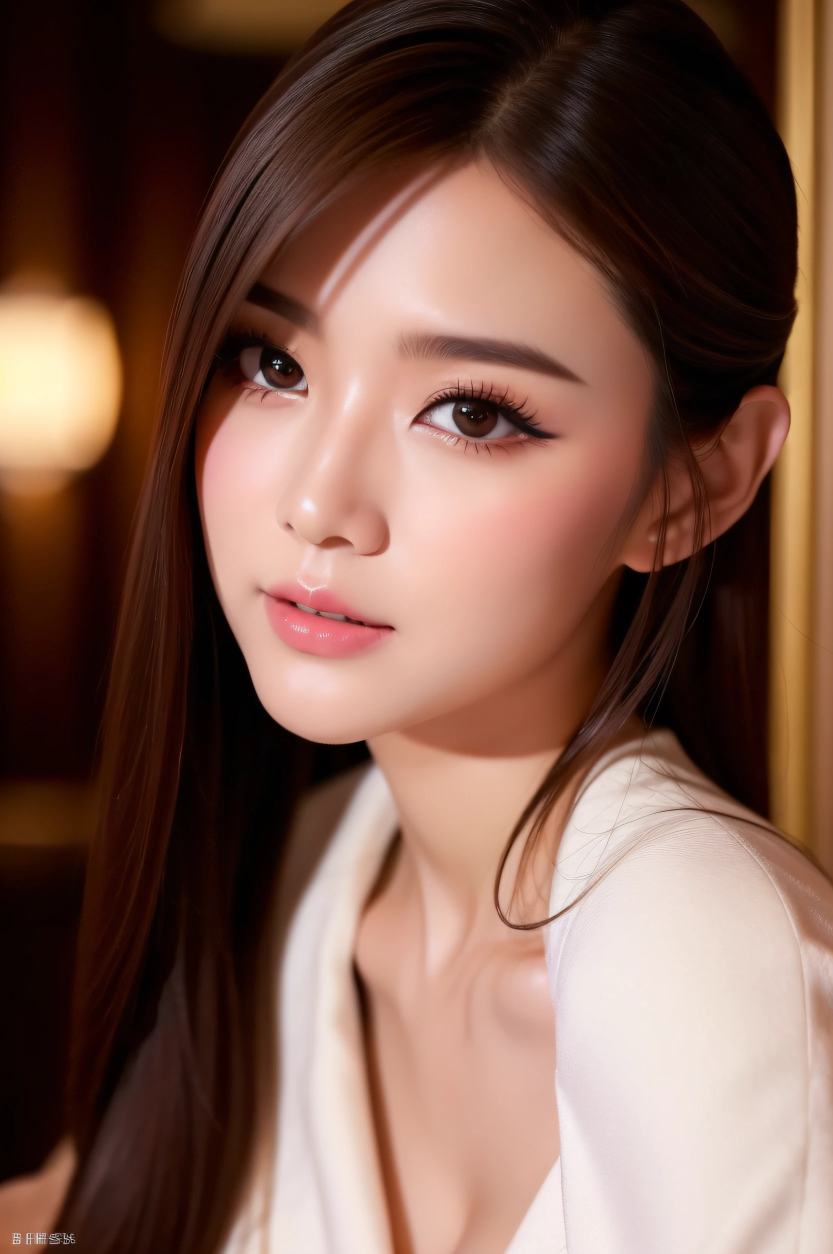8K, top-quality、Masterpiece 1:2,realisitic、1 girl in、kawaii、beautiful expression、Friday Night、At the hotel bar、Beautiful fece、Detailed texture、TOKYOcty、Korean Women、Sexy costume、enticing、flawless beauty