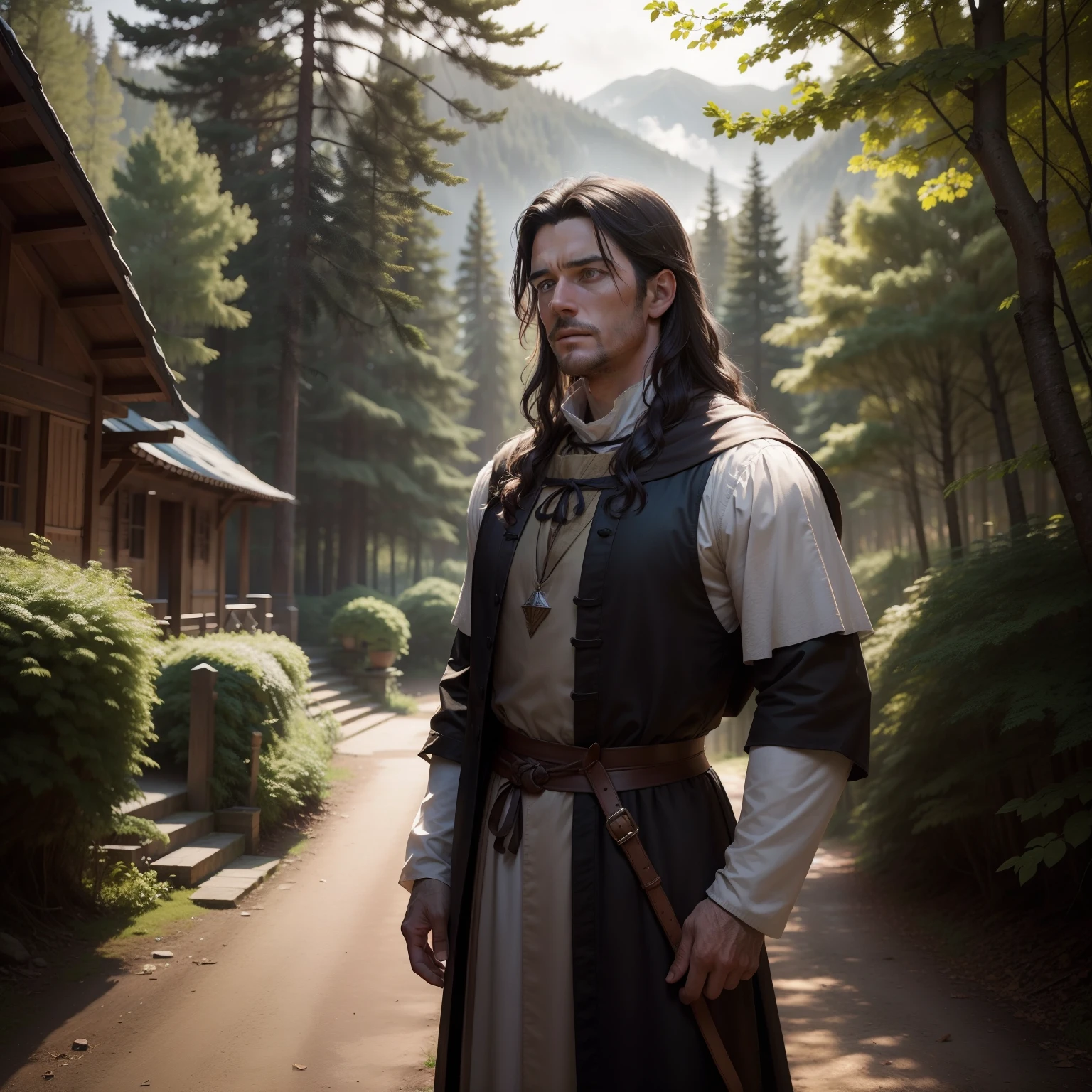 Actor Steven John Ward, in the distance, background of a lodge in the middle of the forest, medieval style.