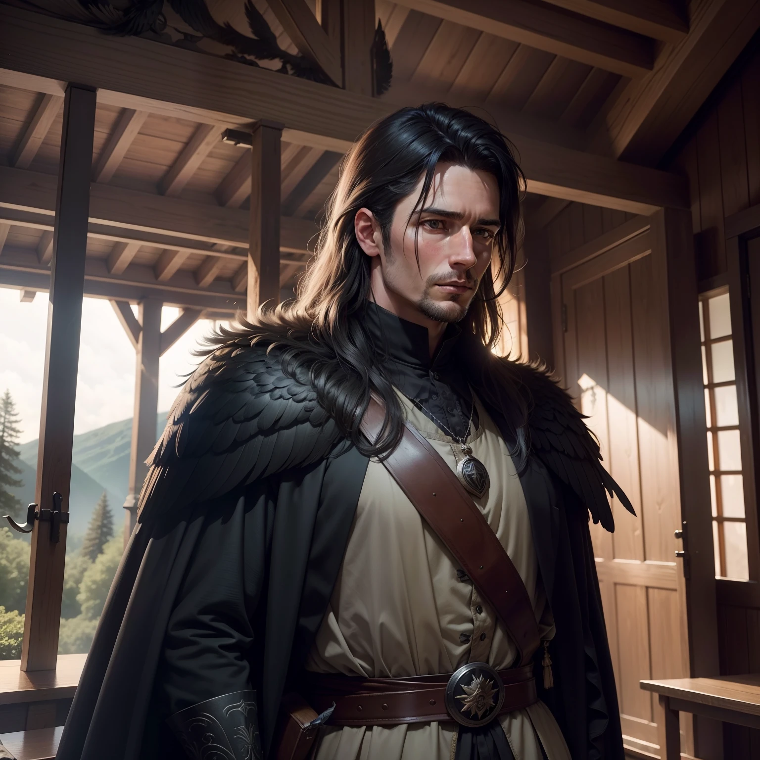 Actor Steven John Ward, black wings with feathers in the shape of swords, in the distance, background of a lodge in the middle of the forest, medieval style.