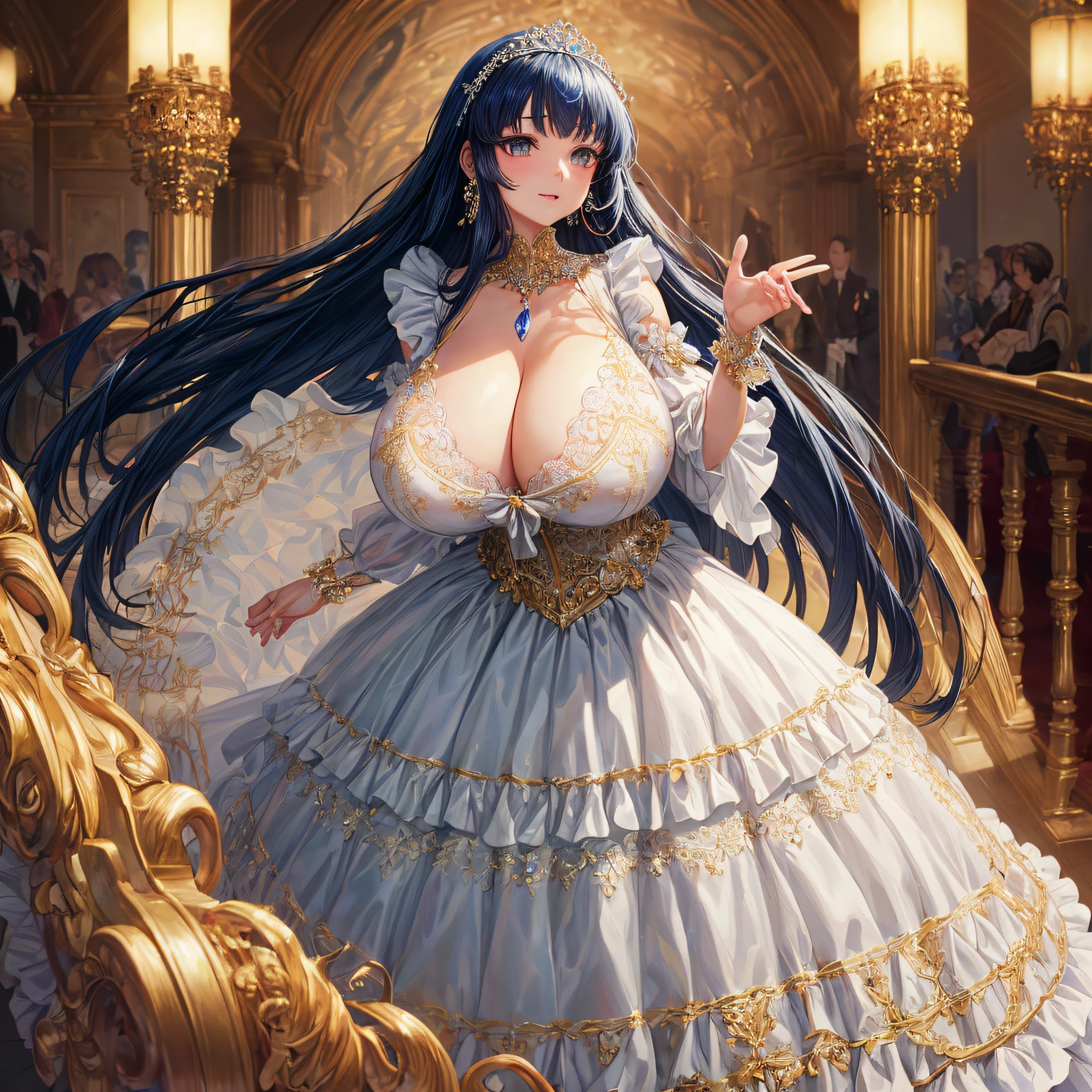 (masterpiece, best quality,extremely detailed:1.1),(moe anime art style:1.2),1girl,full body, ((solo)), cute, kawaii,digital art,((1 bling-bling anime princess wearing beautiful embroidery and jeweled ruffled gorgeous princess ballgown with voluminous full length hoop skirt)),((crinoline)),long train,voluminous frills,(gorgeous embroidery and beautiful lace),(((very gigantic boobs,skindentation))),cleavage,shiny hair,(((very long straight hair))),((finely detailed face and eyes)),clear pupil,extremely gorgeousfull hair ornament,(bling-bling jeweled extremely gorgeousfull tiara),(bling-bling gorgeous gemstone jewelry),long veil,(beautiful background,fantasy),flowers,flower petals flowing,full body,looking away,((beautiful embroidery and jeweled ruffled gorgeous princess ballgown with voluminous full length hoop skirt))