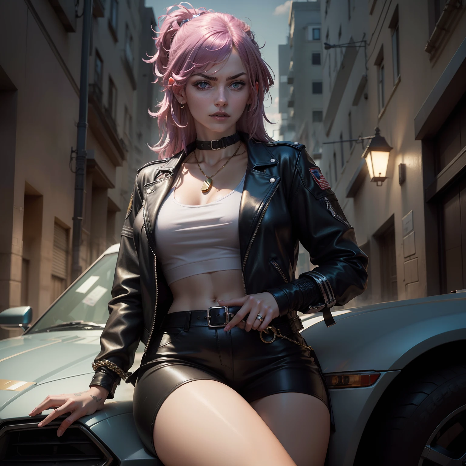 Arafed woman sitting on the hood of a car with a gun in her hand, julia hetta, She wears a leather jacket, High Quality Portrait, jovana rikalo, photograph of a techwear woman, anna nikonova, portait image, an album cover, Dressed in a leather jacket, Leather, aleksandra waliszewska, in a bandana and a thick gold chain, Mafia style, Prison romance